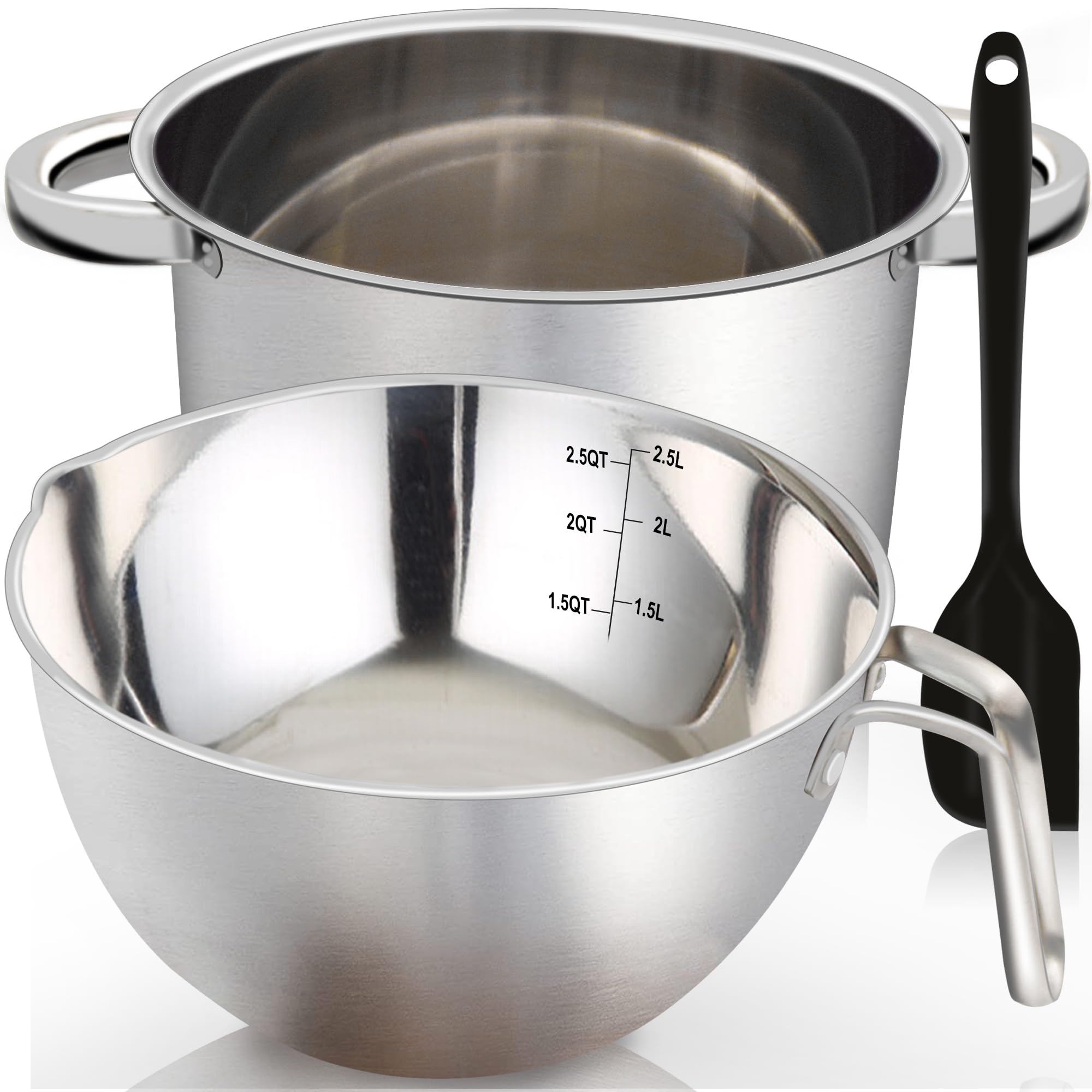 Marsheepy Double Boiler Pot Set, 2500ML(2.3QT) Mixing Bowl for Chocolate Melting, 4000ML(3.63QT) Stainless Steel Pot With Silico