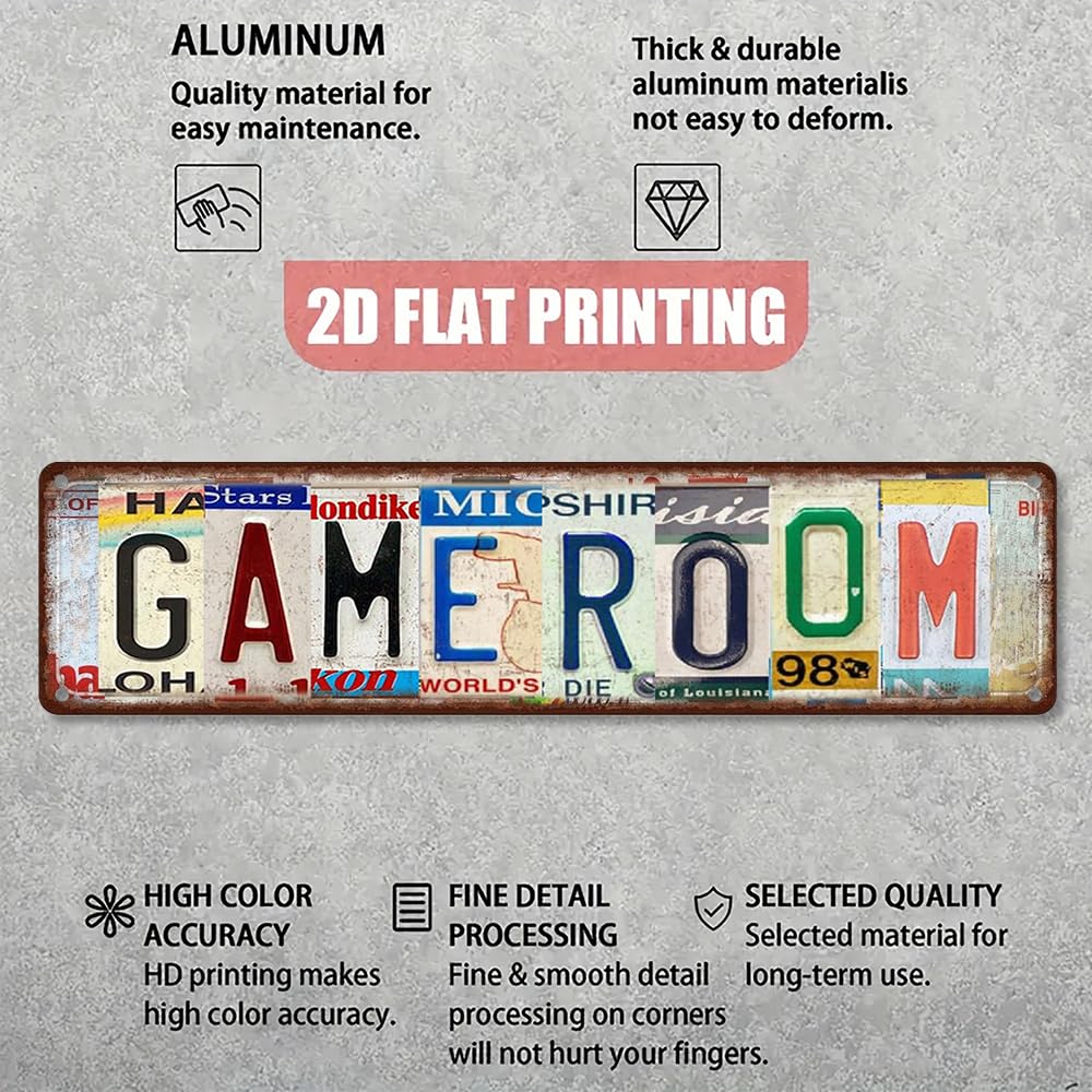 Game Room Metal Sign - Retro Aluminum Tin Wall Decor 4x16 Inch - Arcade Man Cave Basement Decor
