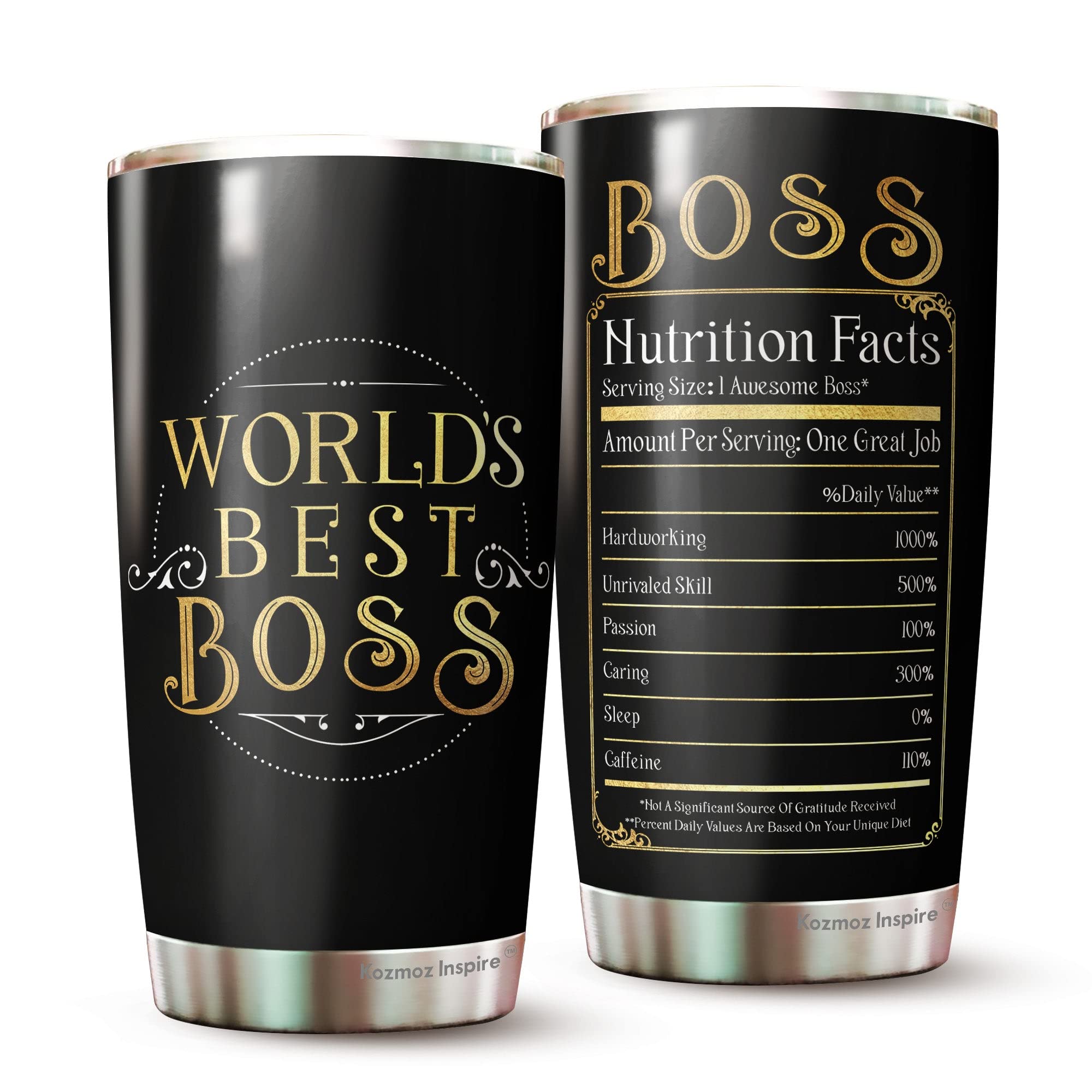 Kozmoz Inspire World'S Best Boss Tumbler 20Oz - Boss Nutrition Facts Tumbler - Funny Boss Gifts For Women, Men, Manager, Female,