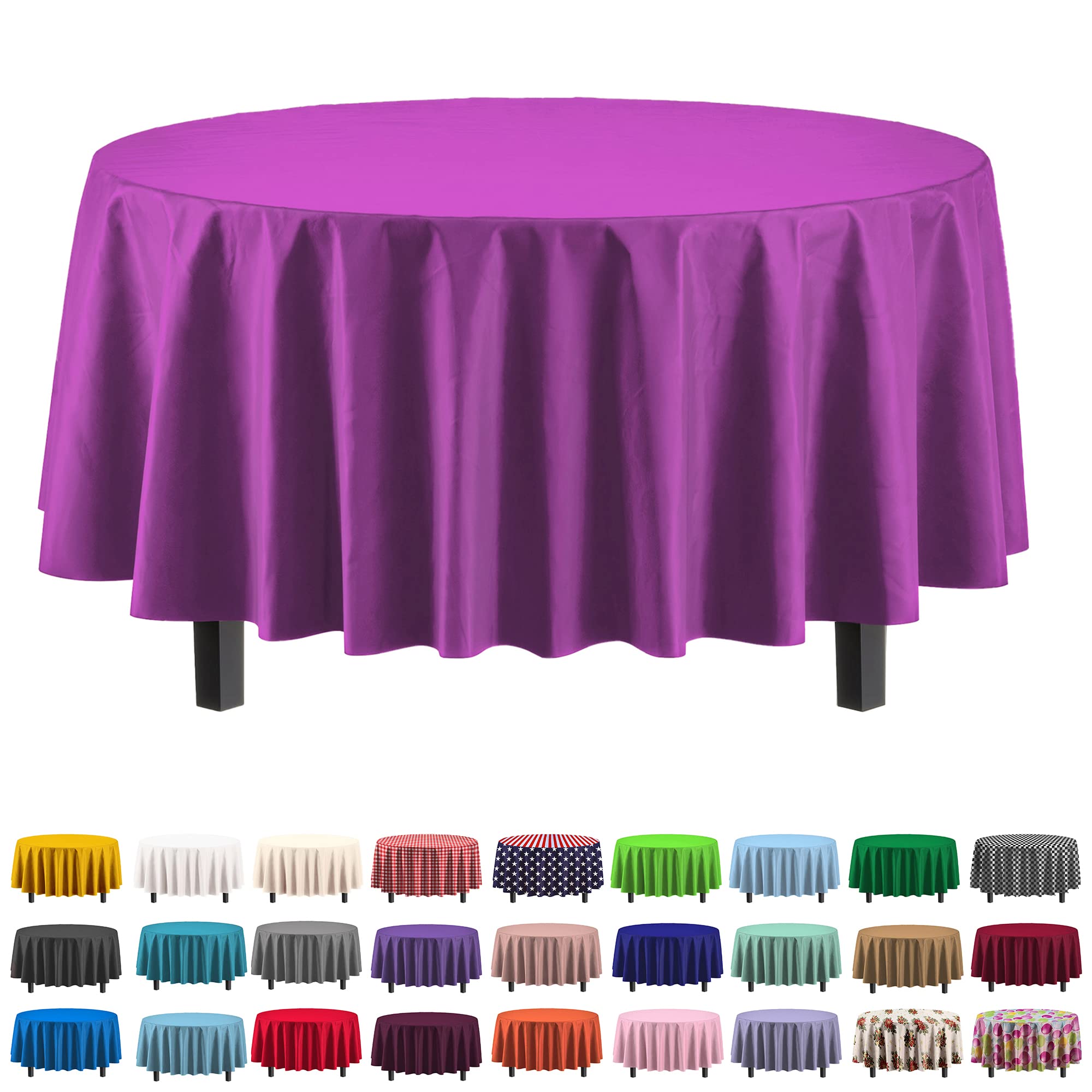 Exquisite 12-Pack Premium Plastic Tablecloth 84In. Round Table Cover - Magenta