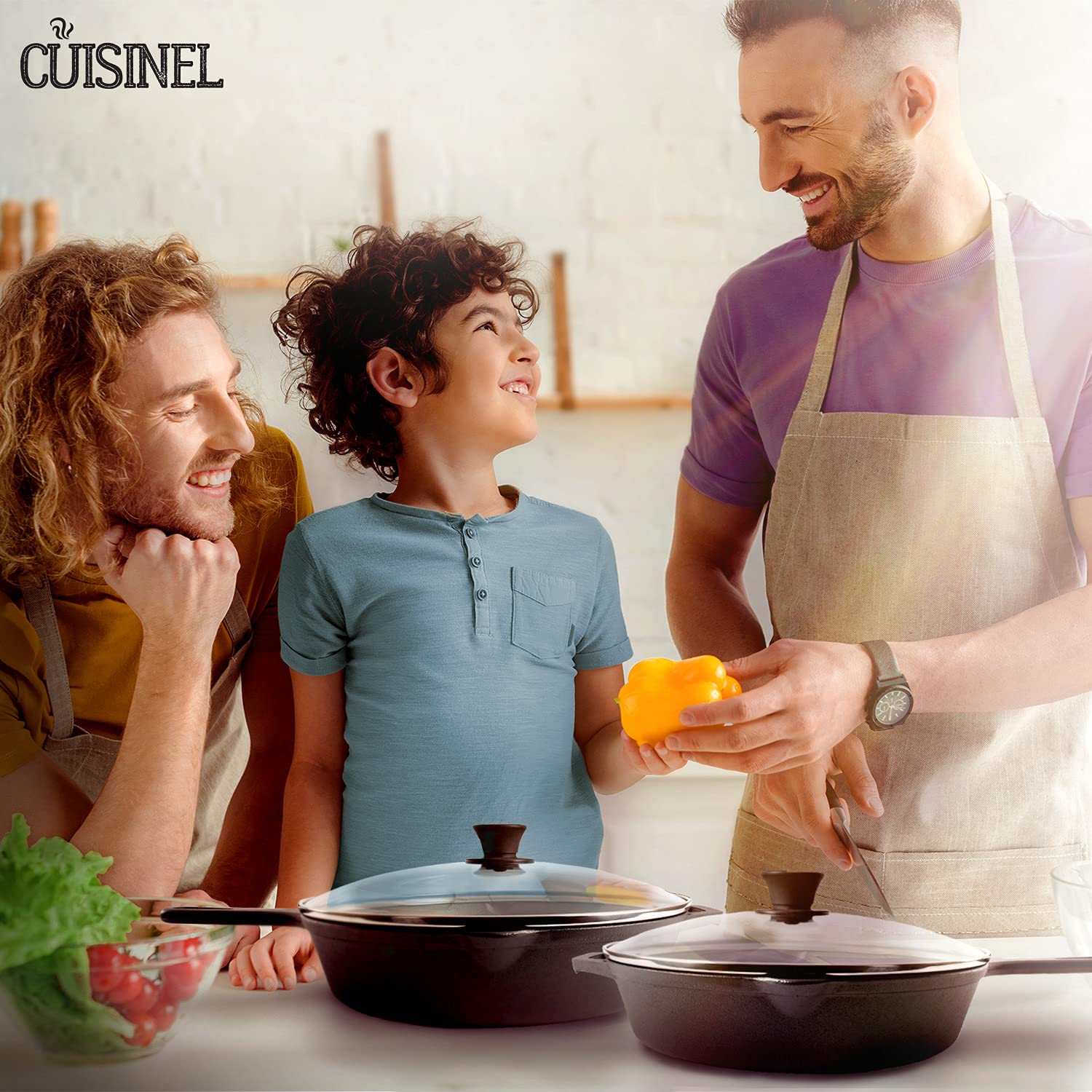 Cuisinel Cast Iron Skillet Set - 10'' + 12'' Frying Pan + Glass Lids + 2 Handle Cover Grips - Pre-Seasoned Oven Cookware - Indoo