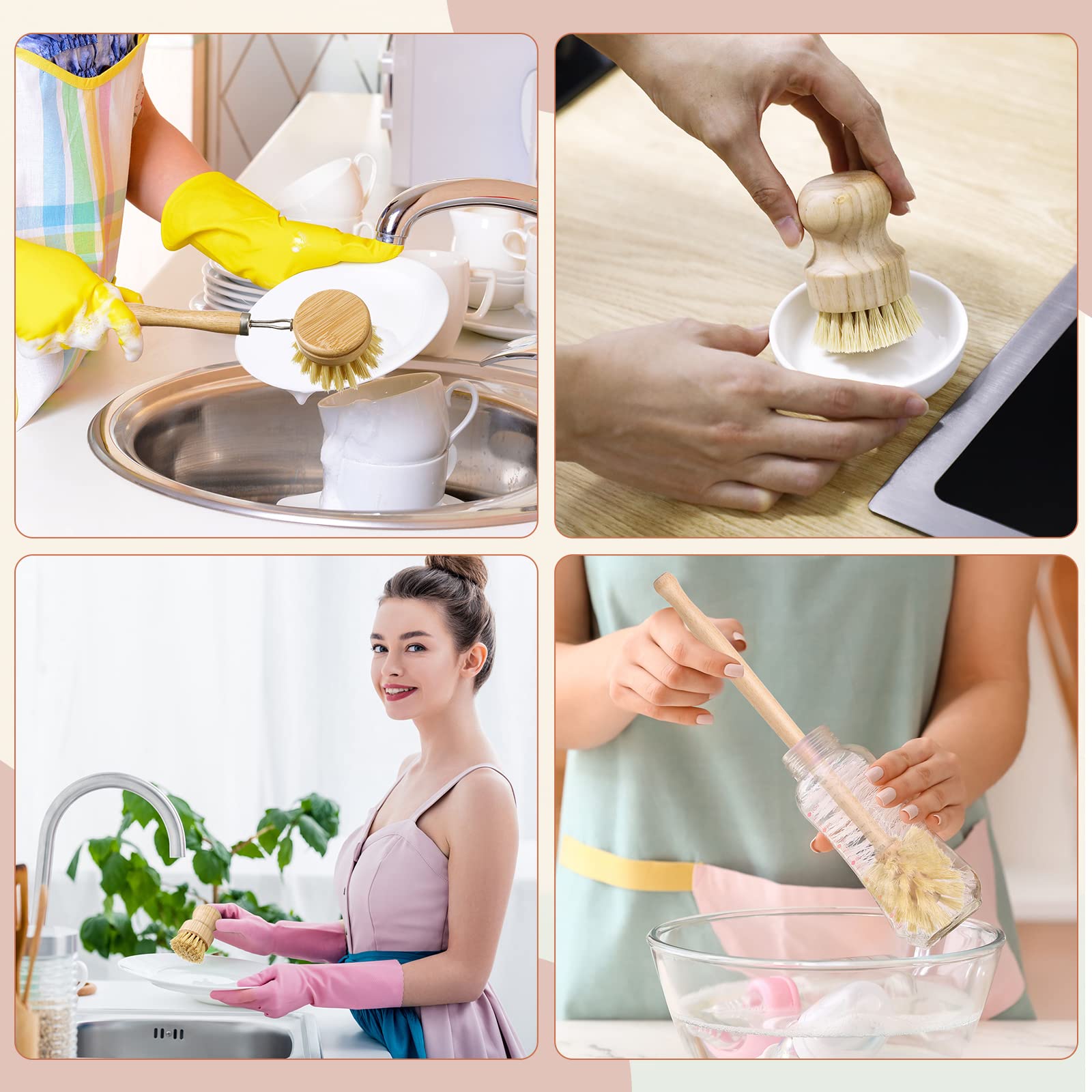 10 Pieces Wooden Dish Brush Set Bamboo Dish Brush Wood Bottle Brush With Replacement Heads For Dishes, Wide Mouth Bottles, Cups