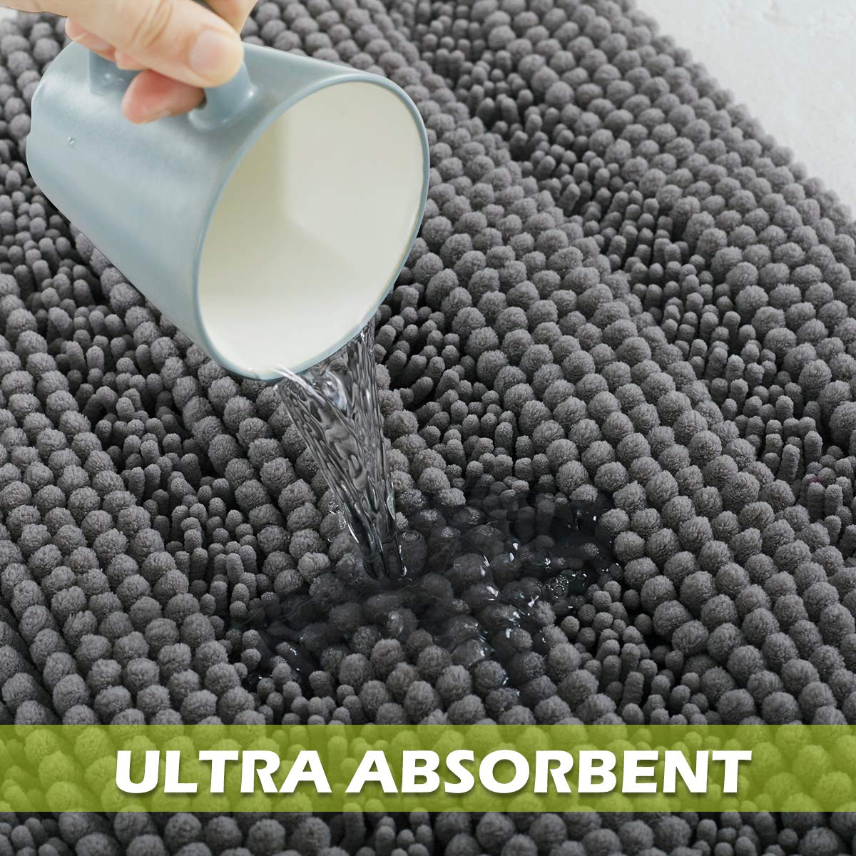 Kgorge Gray Bathroom Rugs - Non Slip Water Absorbent Washable Anti-Skid Super Soft Chenille Kitchen Mats For Living Room Bedroom