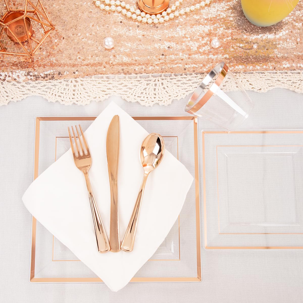 Dayammi 175 Pcs Rose Gold Plastic Plates, Rose Gold Plastic Dinnerware Sets Includes: 25 Dinner Plates, 25 Salad Plates, 25 Pre