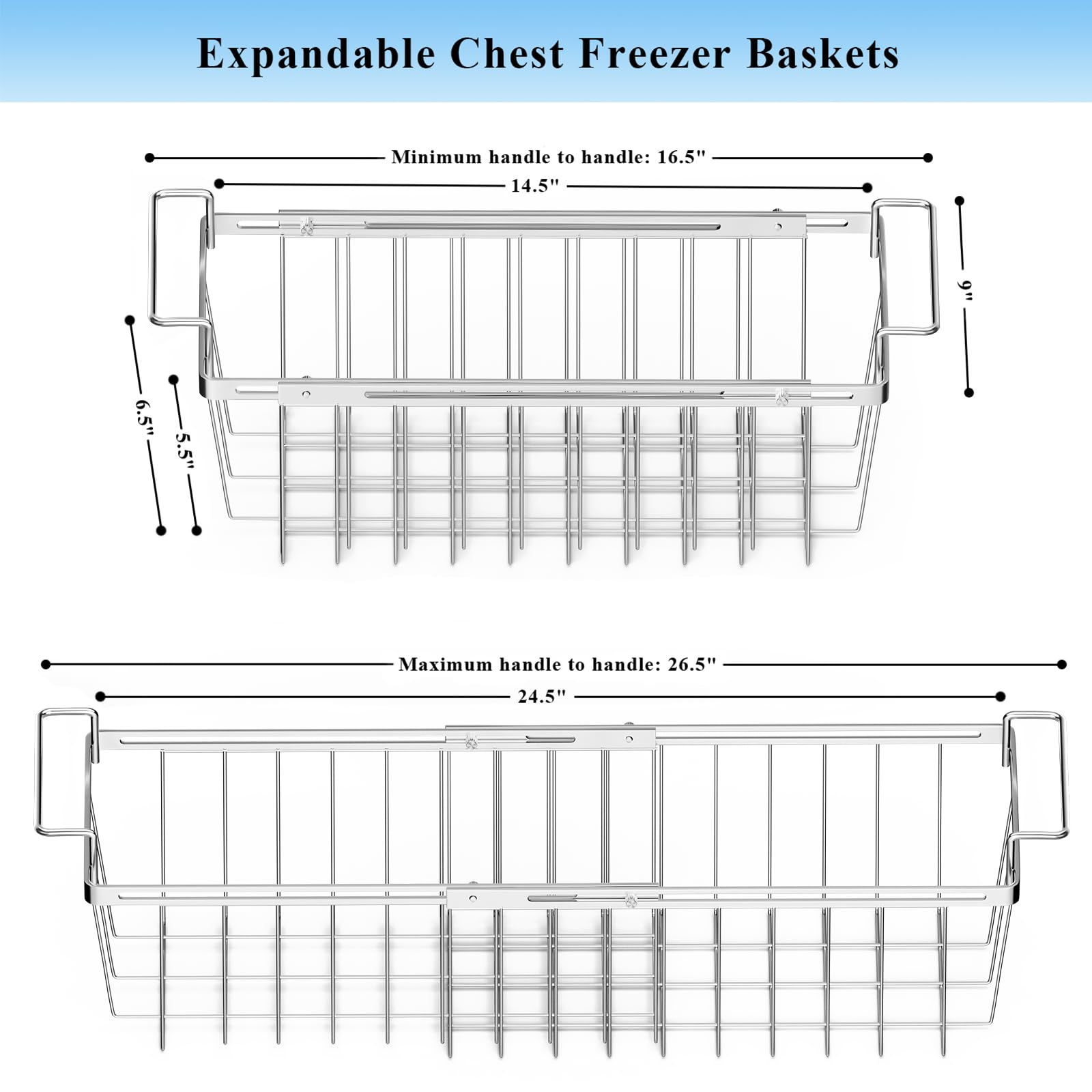 Orgneas Freezer Baskets For Chest Freezer, Capacity Expandable Deep Freezer Organizer Bins Adjustable From 16.5'' To 26.5'' Stai