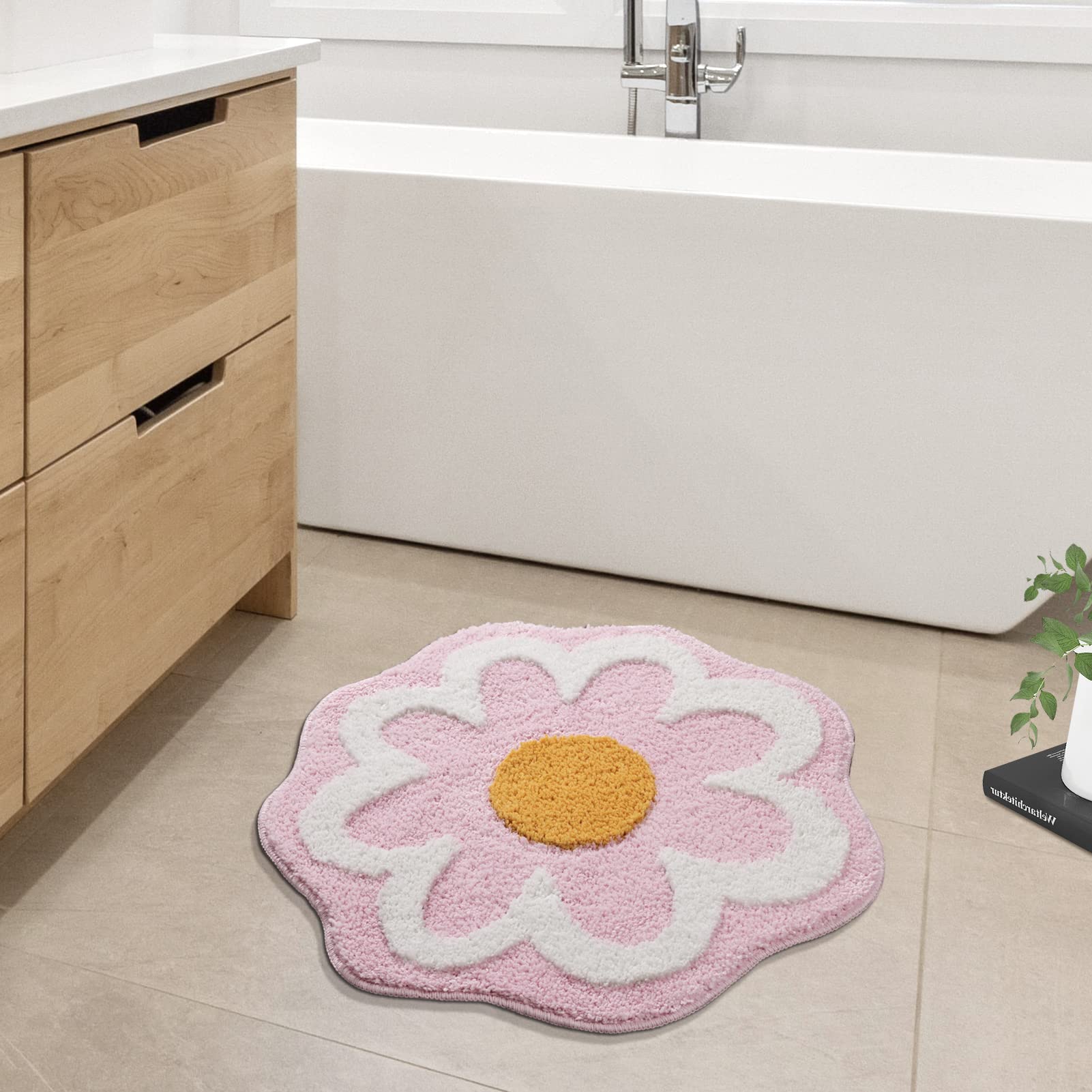 Truedays Cute Pink Flower Bath Mat, Machine Washable Bath Rug, Ultra Soft And Fluffy Bathroom Mat, Small Round Non-Slip Water Ab