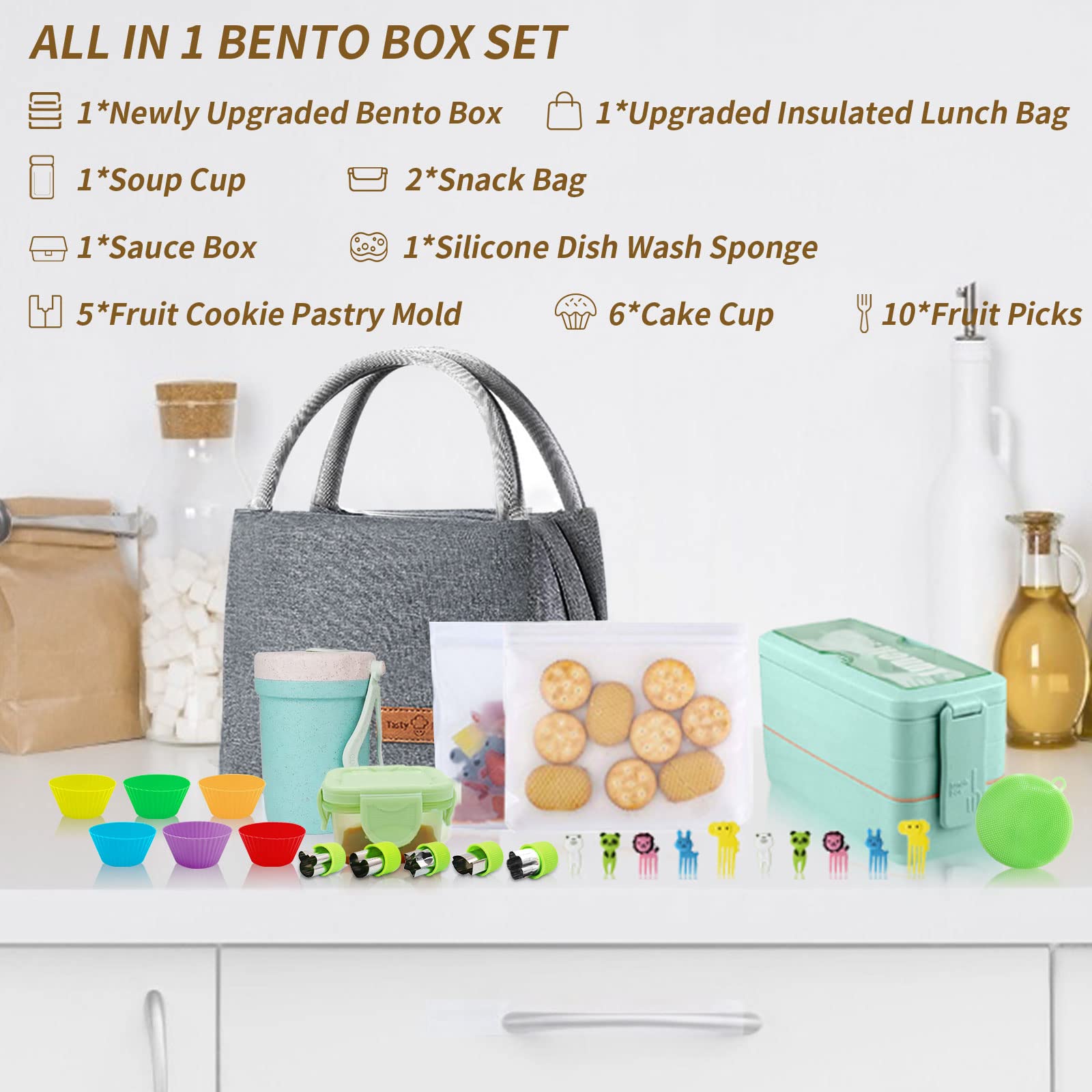 Dearhomie 30 Pcs Bento Box Upgrade Japanese Lunch Box Kit,3 Layer Stackable Leakproof Containers With Accessories,Wheat Straw Be