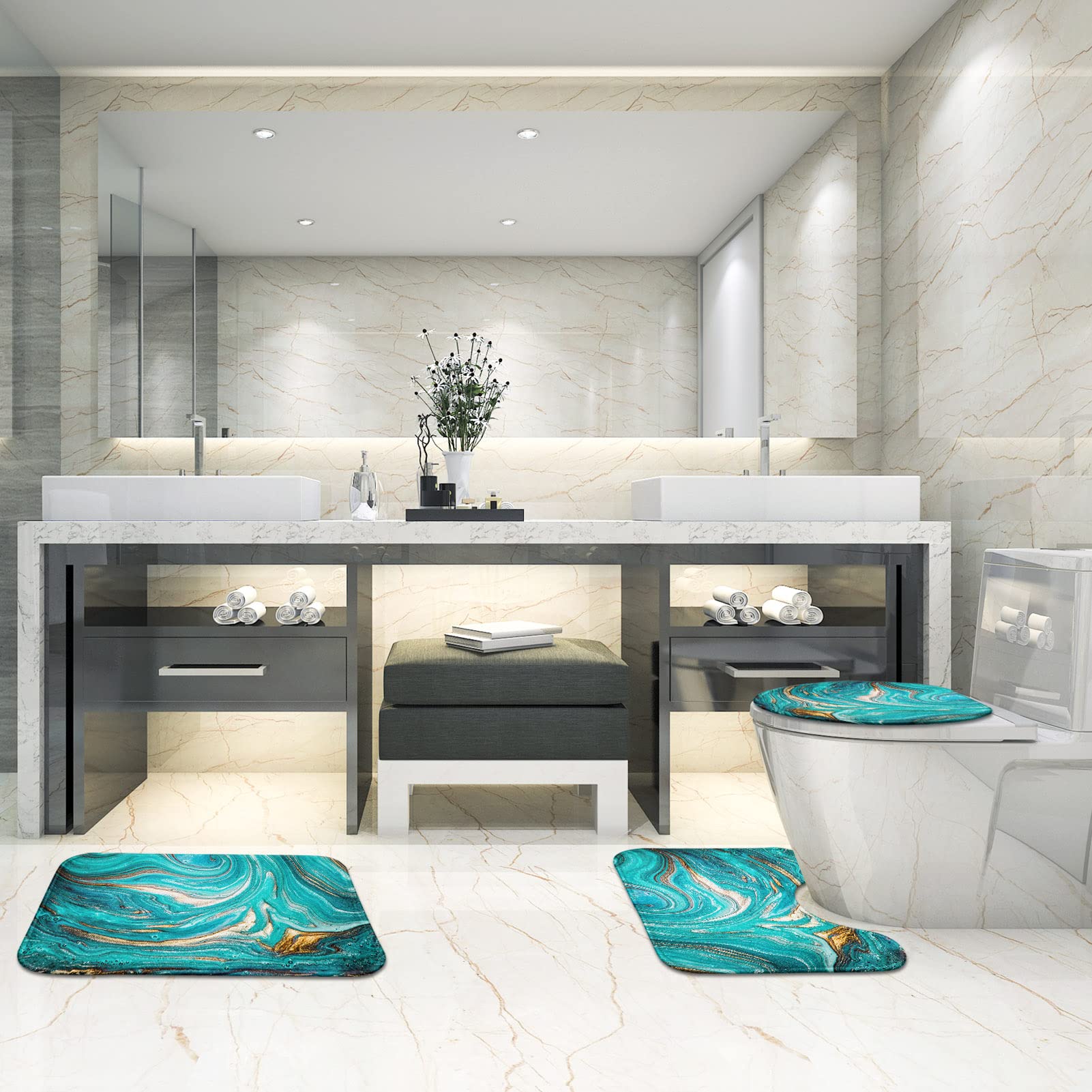 Britimes Turquoise Bathroom Rug Set Of 3, 3 Pieces Teal Bath Mats Set For Bathroom, Green Marble Ripples No Silp Washable Cover