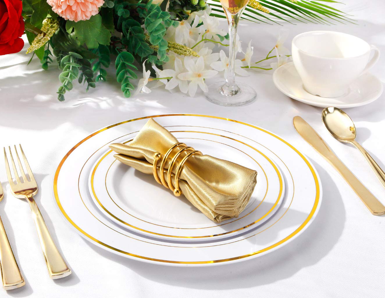 Bucla 100Pieces Gold Plastic Dinner Plates - 10.25Inch Gold Plates Disposable For Party - White And Gold Plastic Plates - Ideal