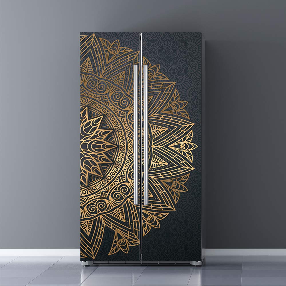Vintage Art Self Stick Vinyl Door Mural Sticker, Peel And Stick Removable Refrigerator Wrap Decal, Noble Mandala, 32.3X78.7, 2 P