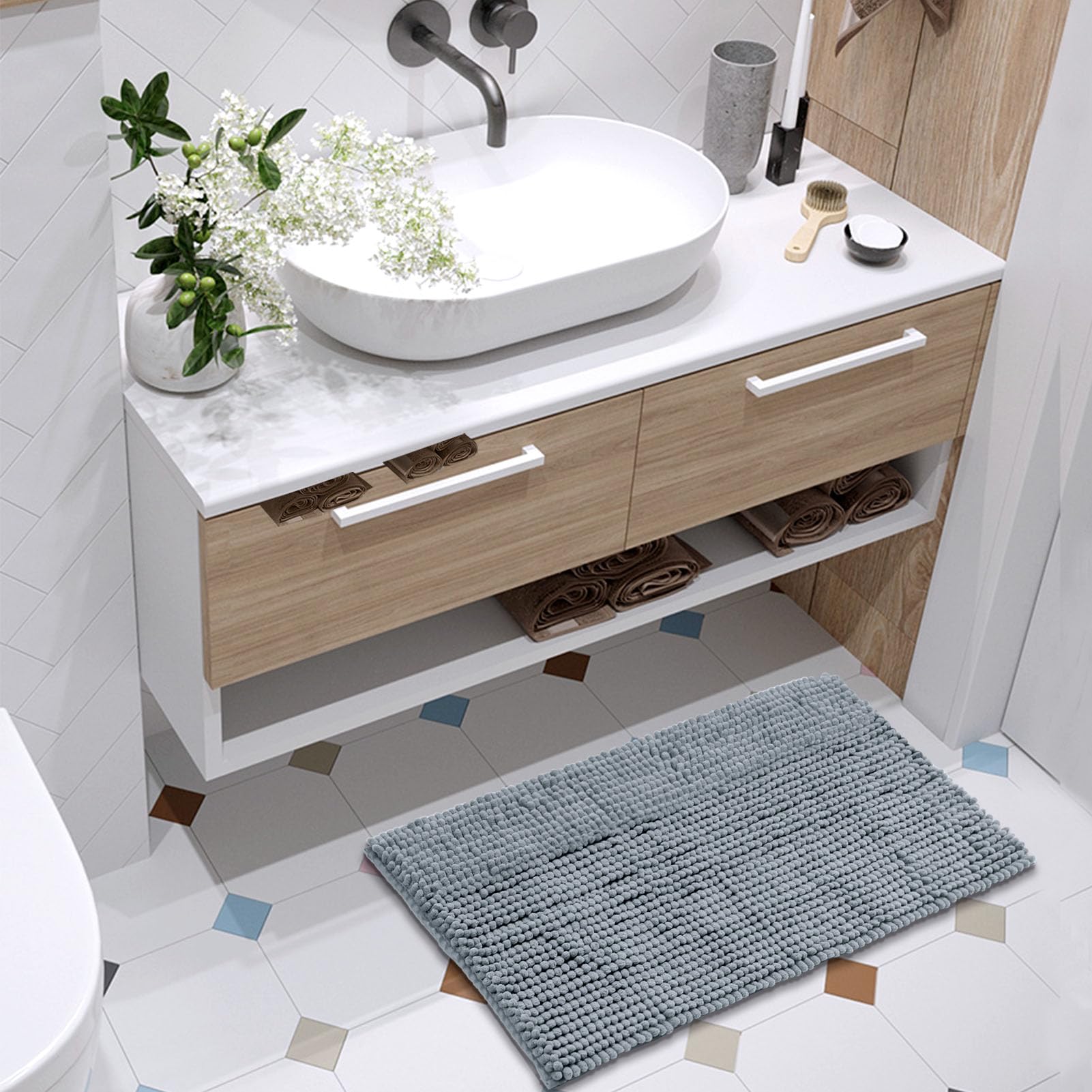 Freshmint Chenille Bathroom Rugs Non-Slip Bath Mat 24''X17'', Washable Soft Shower Mat, For Bathroom Floor & Tub Fluffy Shag Bat