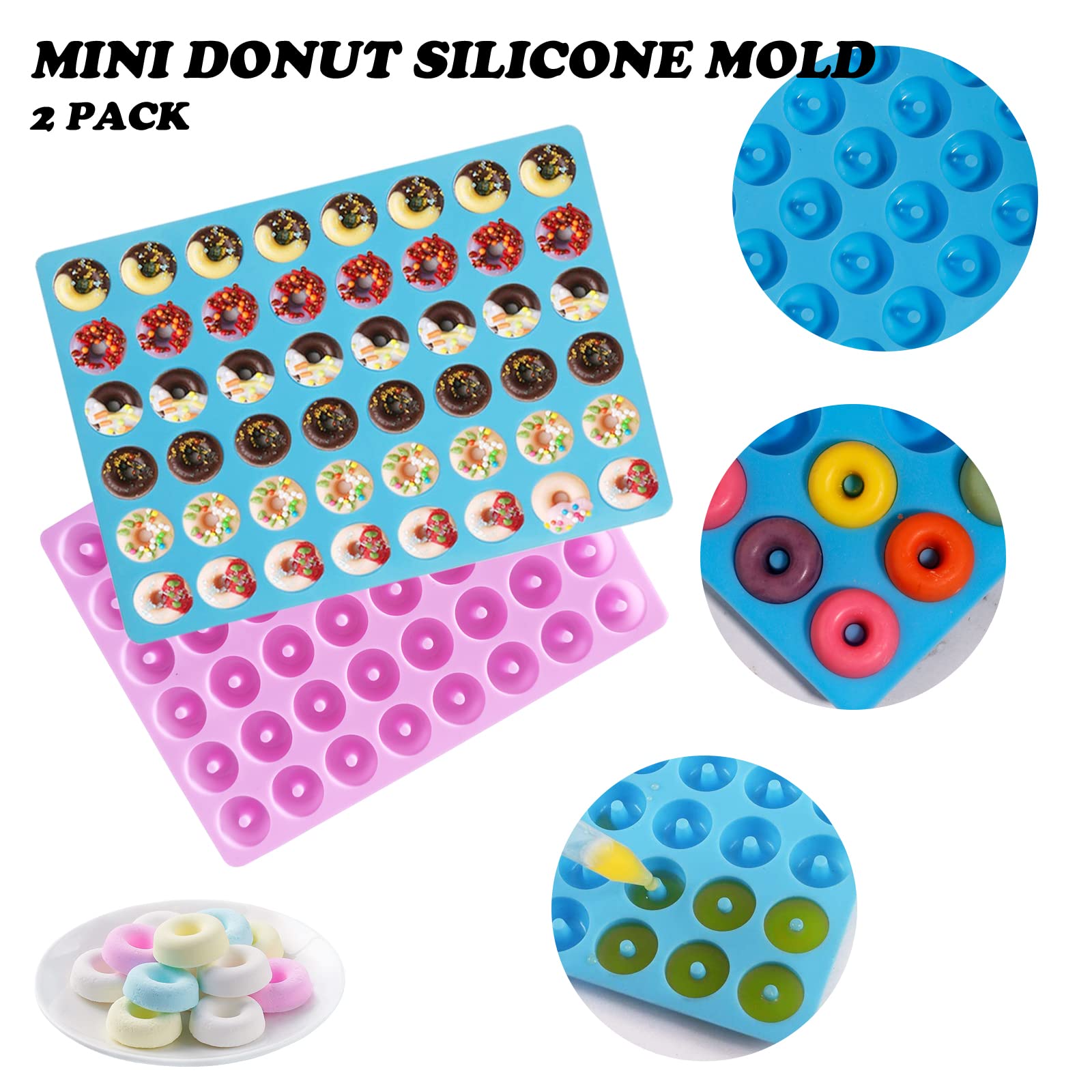 2 Pack Mini Silicone Donut Molds, 48 Cavity Mini Donut Silicone Gummy Candy Molds, Non-Stick Doughnut Pan For Jelly Cookies Ice