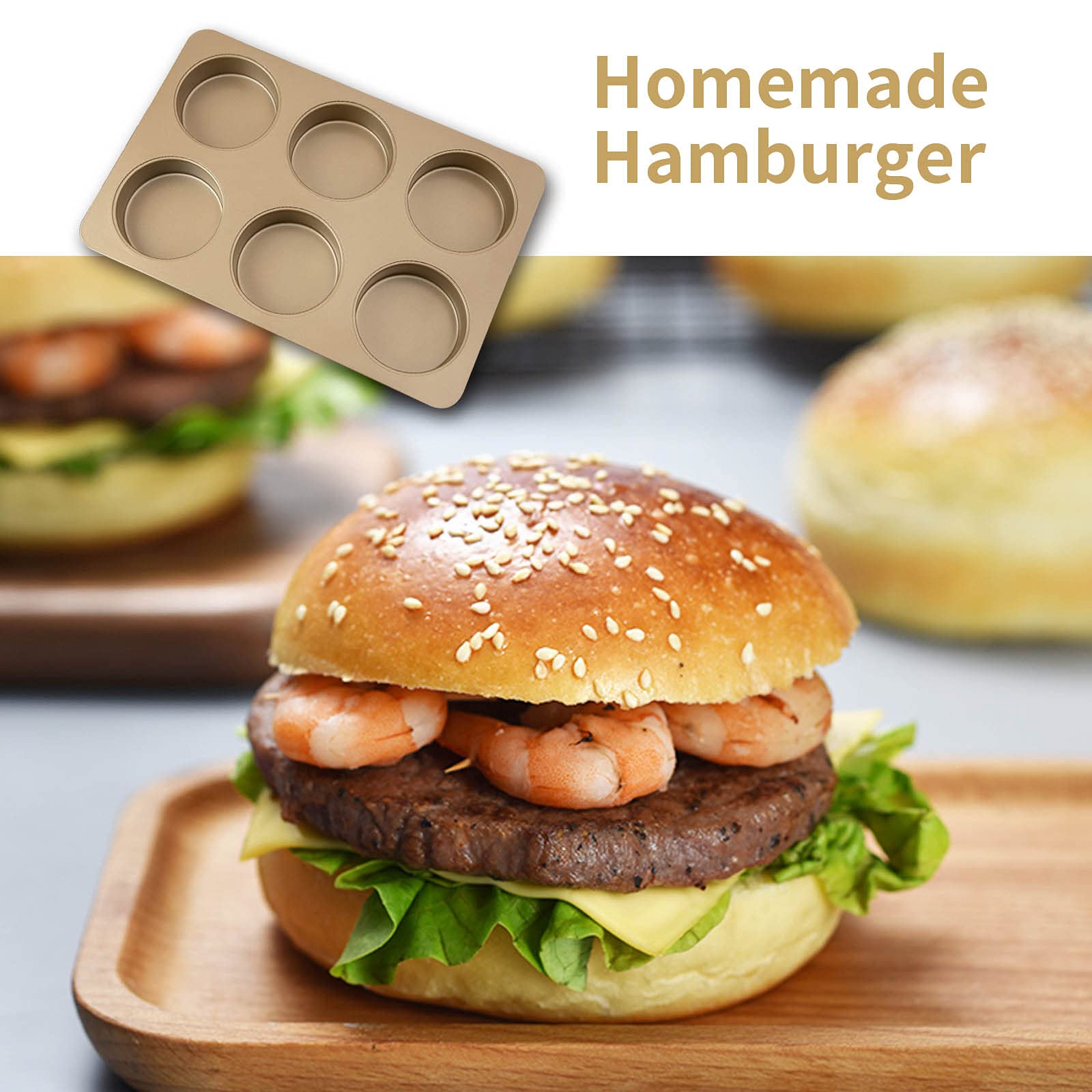 Yomvzake Nonstick Hamburger Bun Pan, 4 Inch Carbon Steel, Gold for Baking Buns, Muffins, and Pies
