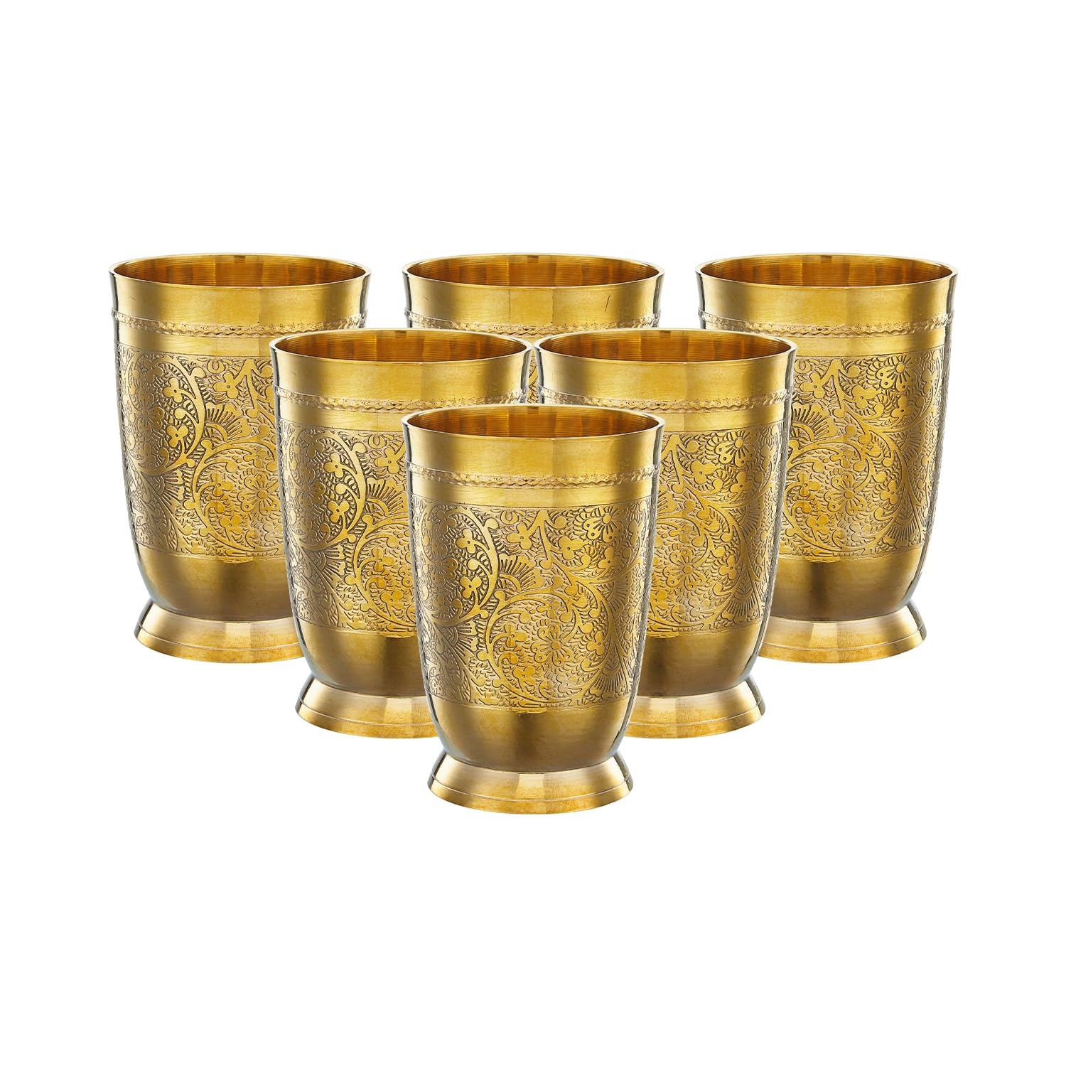 Amazon Brand - Solimo Pure Brass Glass Tumbler With Embossed Design | Set Of 6 | 250 Ml Each | Traditional Water Glasses For Dai