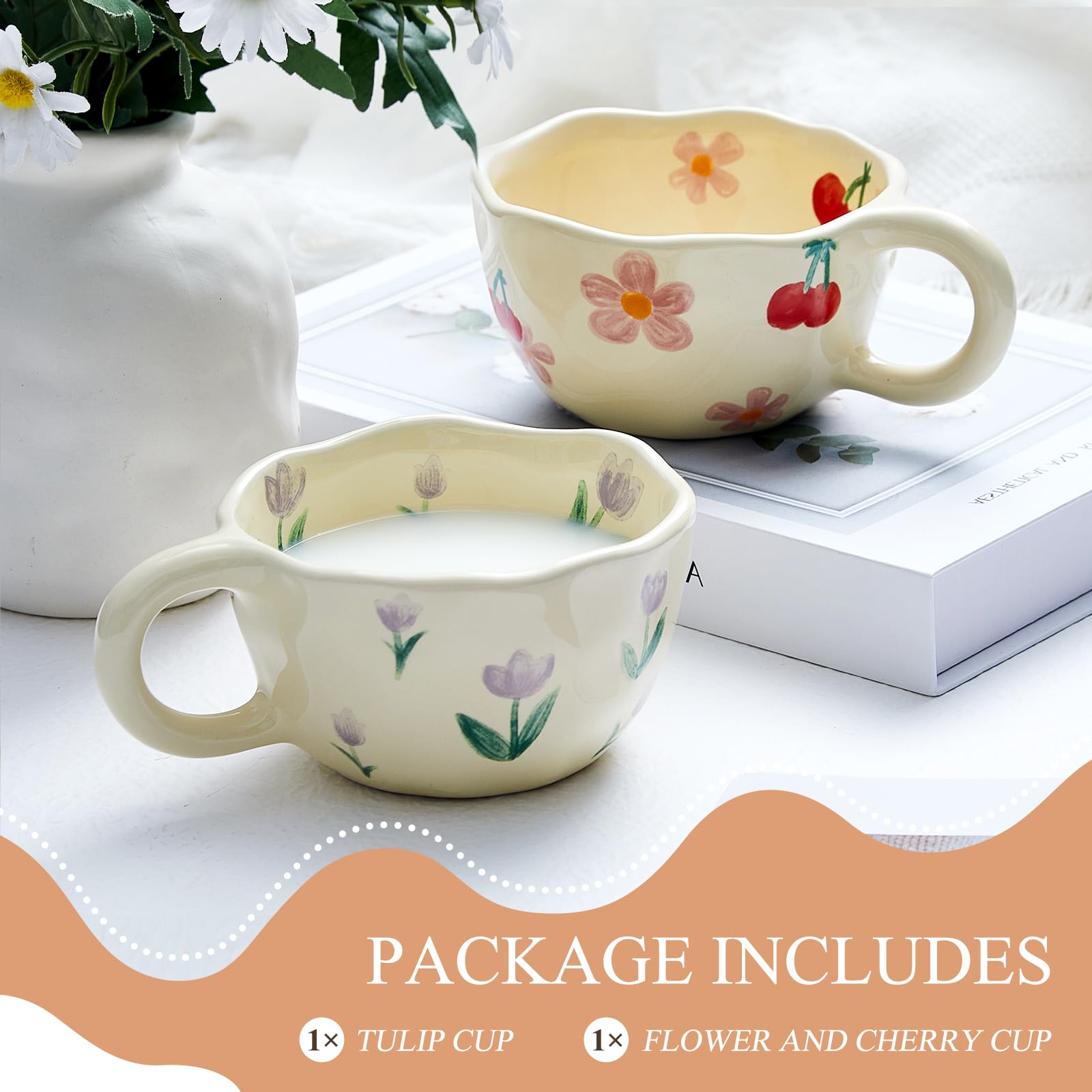 Vesici 2 Pcs Ceramic Coffee Mug Creative Flower Cup Floral Mug with Handles 8.5 oz Cute Aesthetic Tea Porcelain Mug for Office H