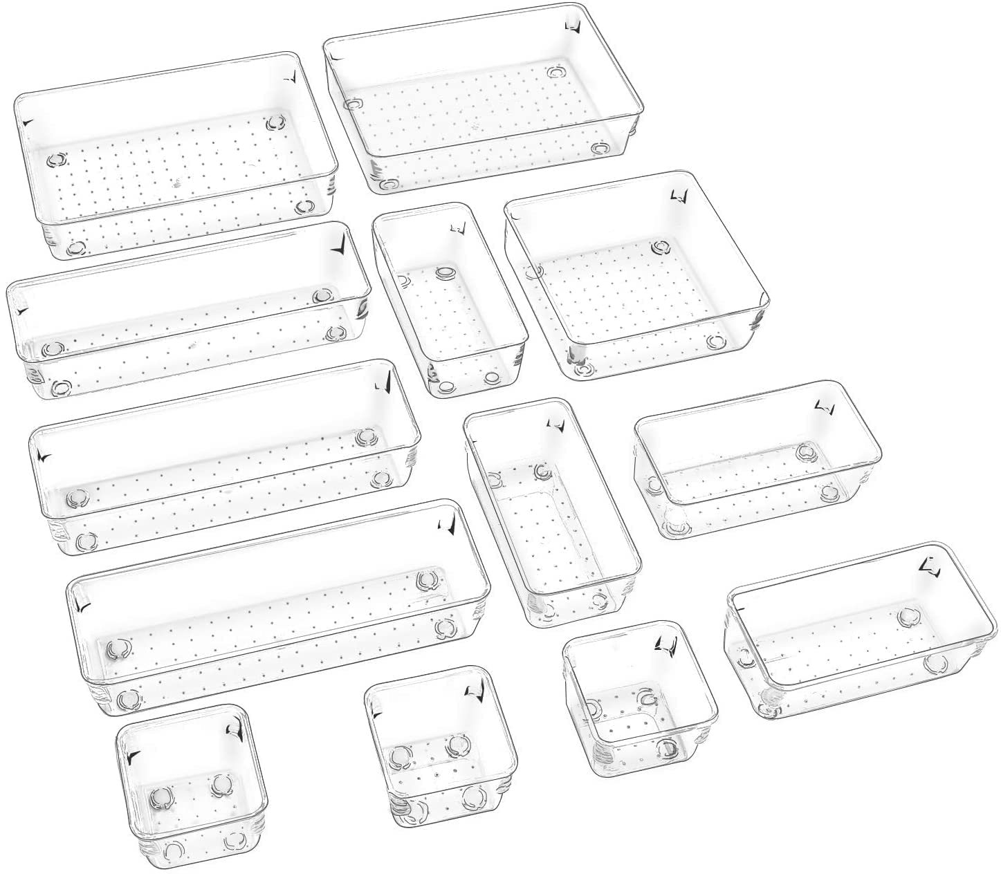 Zollyss Bathroom Drawer Tray Dividers Plastic Vanity Organizers Storage Bins for Makeup Dresser Tray, Clear (13 Pcs)