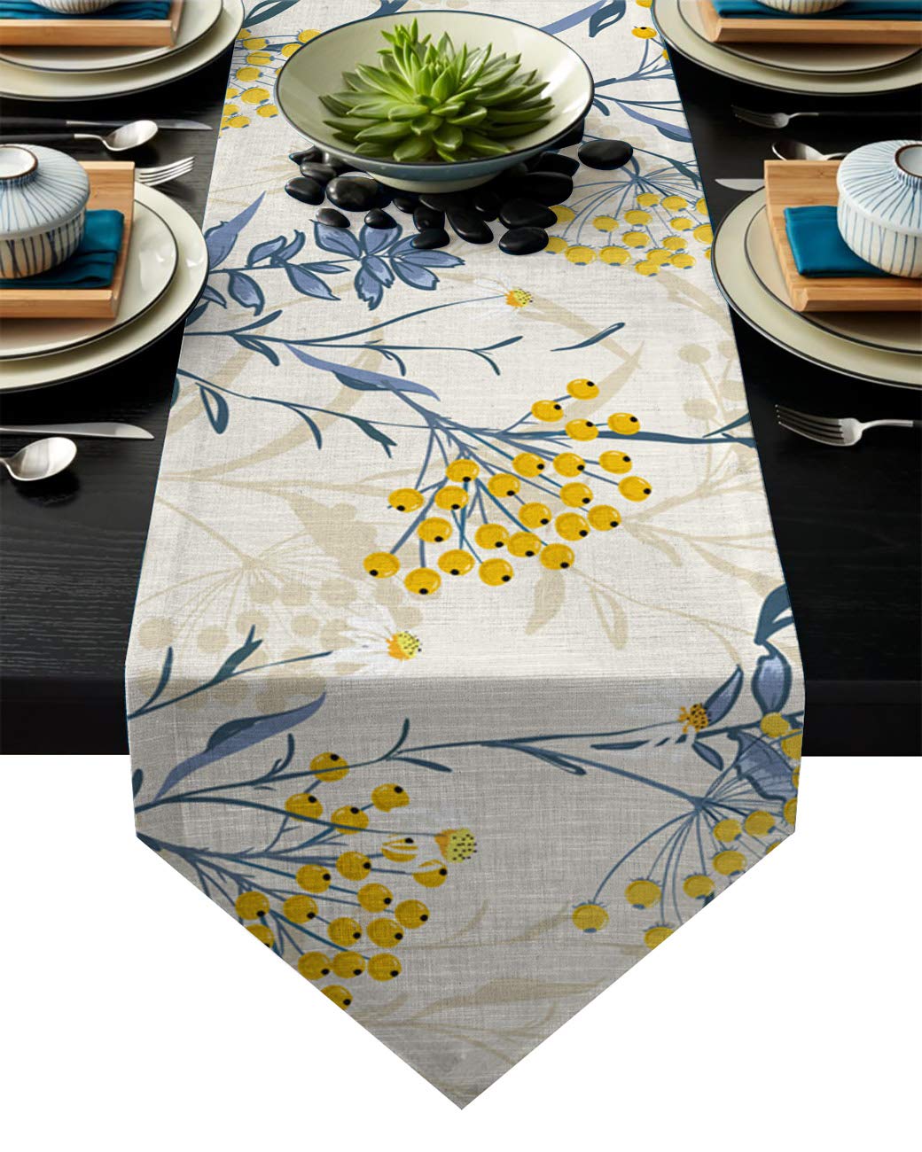 Hellowink 13X70Inch Burlap Table Runners, Vintage Floral Plant, Cotton Linens Table Runner Cloth For Wedding Dinning Room Partie