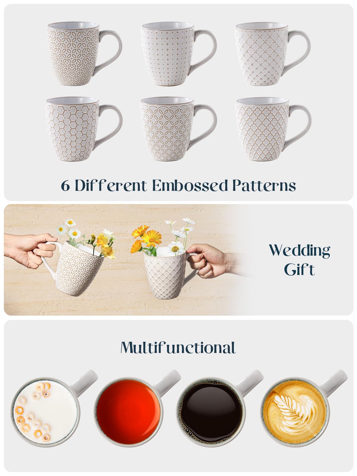 DOWAN Coffee Mugs Set of 6, 19 oz Large Mug, Ceramic Embossment Stoneware Tea Cups with Handle for Men Women, Handcrafted Mug Gi