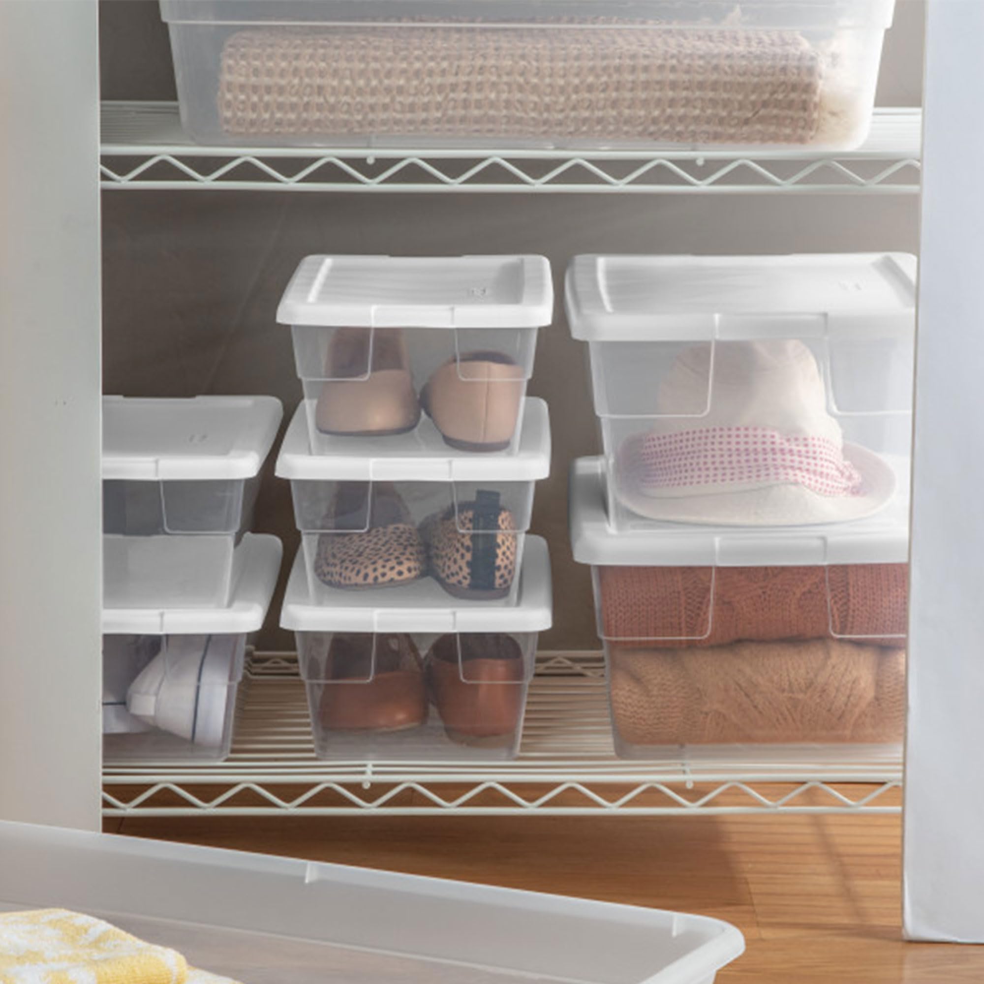 Sterilite 16 Quart Storage Box, Stackable Bin With Lid, Organize Shoes, Crafts In Home Closet, Office, School, Clear With White