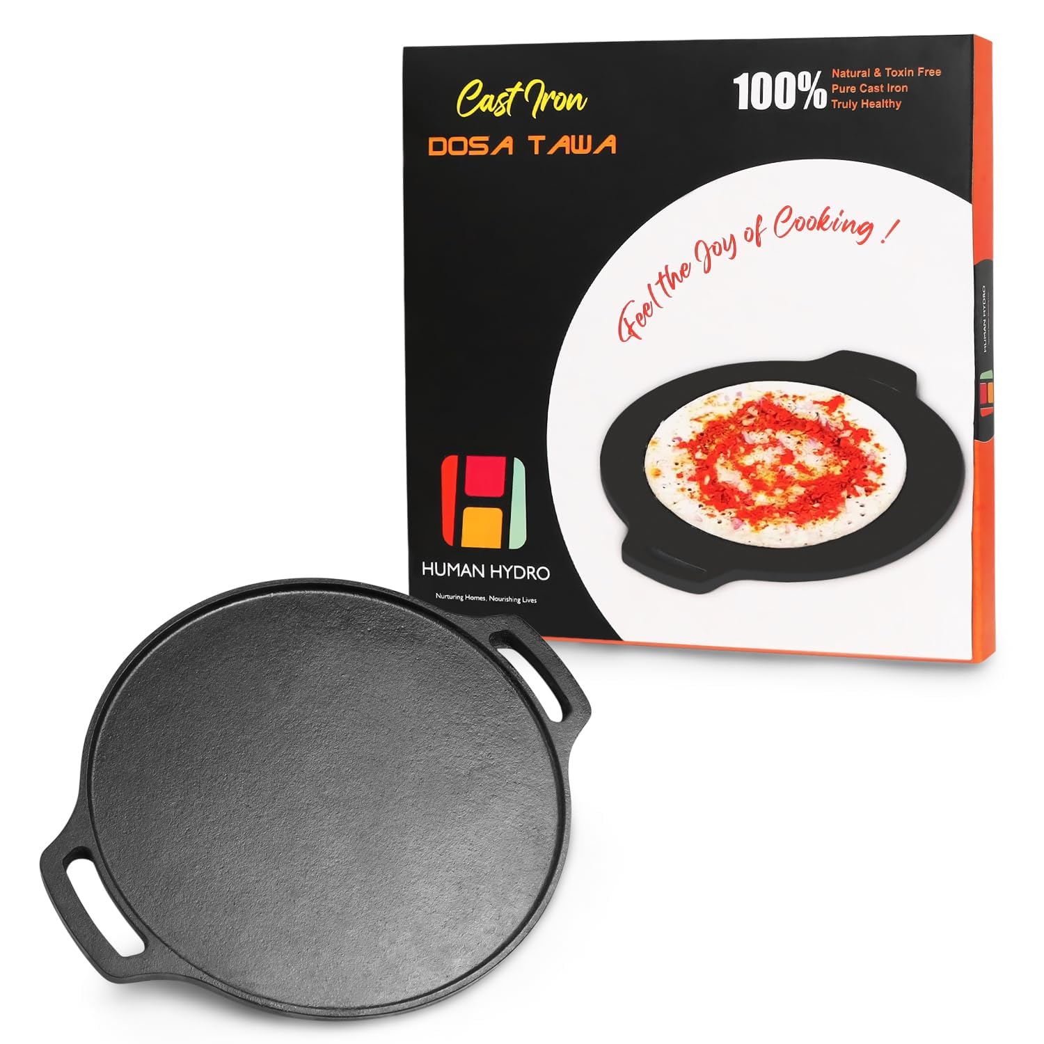Human Hydro Cast Iron Dosa Tawa Parent (28Cm/2.2Kg) | 7 Layer Pre-Seasoned, Natural Oil Seasoning | Natural Non Stick | Best For