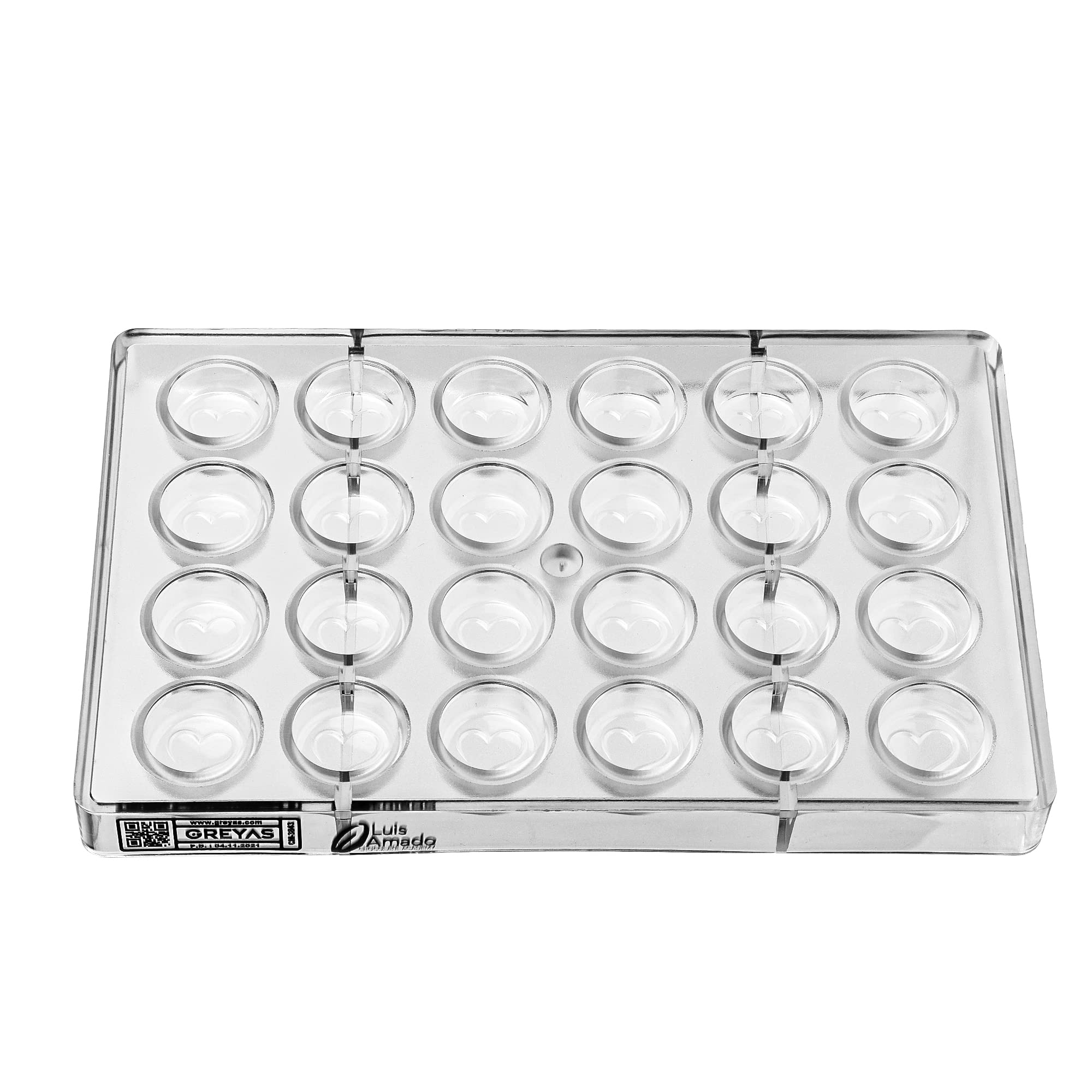Greyas Cm 3843 Louis Amado Clear Polycarbonate Chocolate Mold Candy Mould With 24 Heart-Cylinder Cavities, Each 30Mm Diameter X