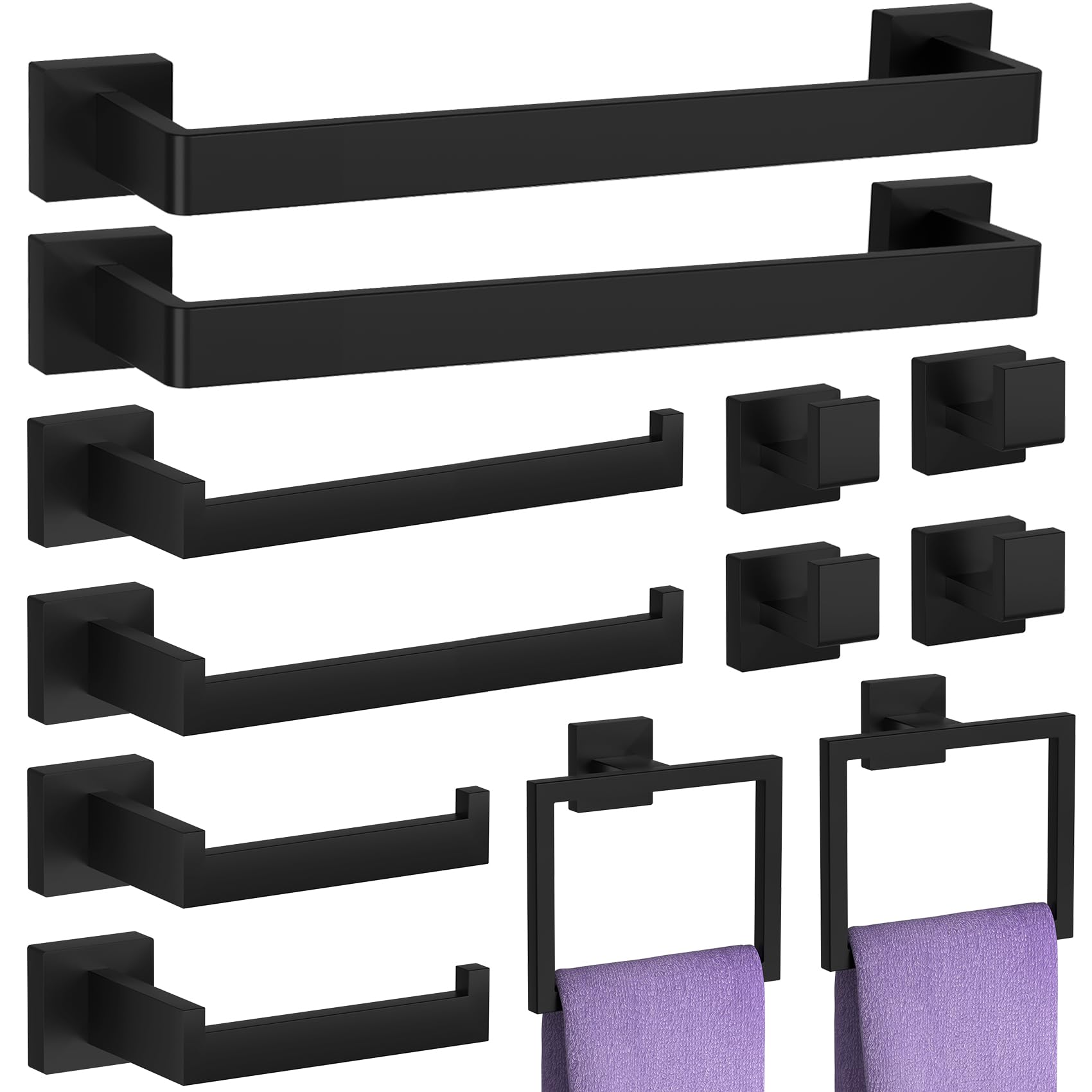 12-Piece Matte Black Bathroom Hardware Set, Heavy Duty Bath Towel Bar Set Including - 16'' Towel Rack&Hand Towel Holder&Toilet P