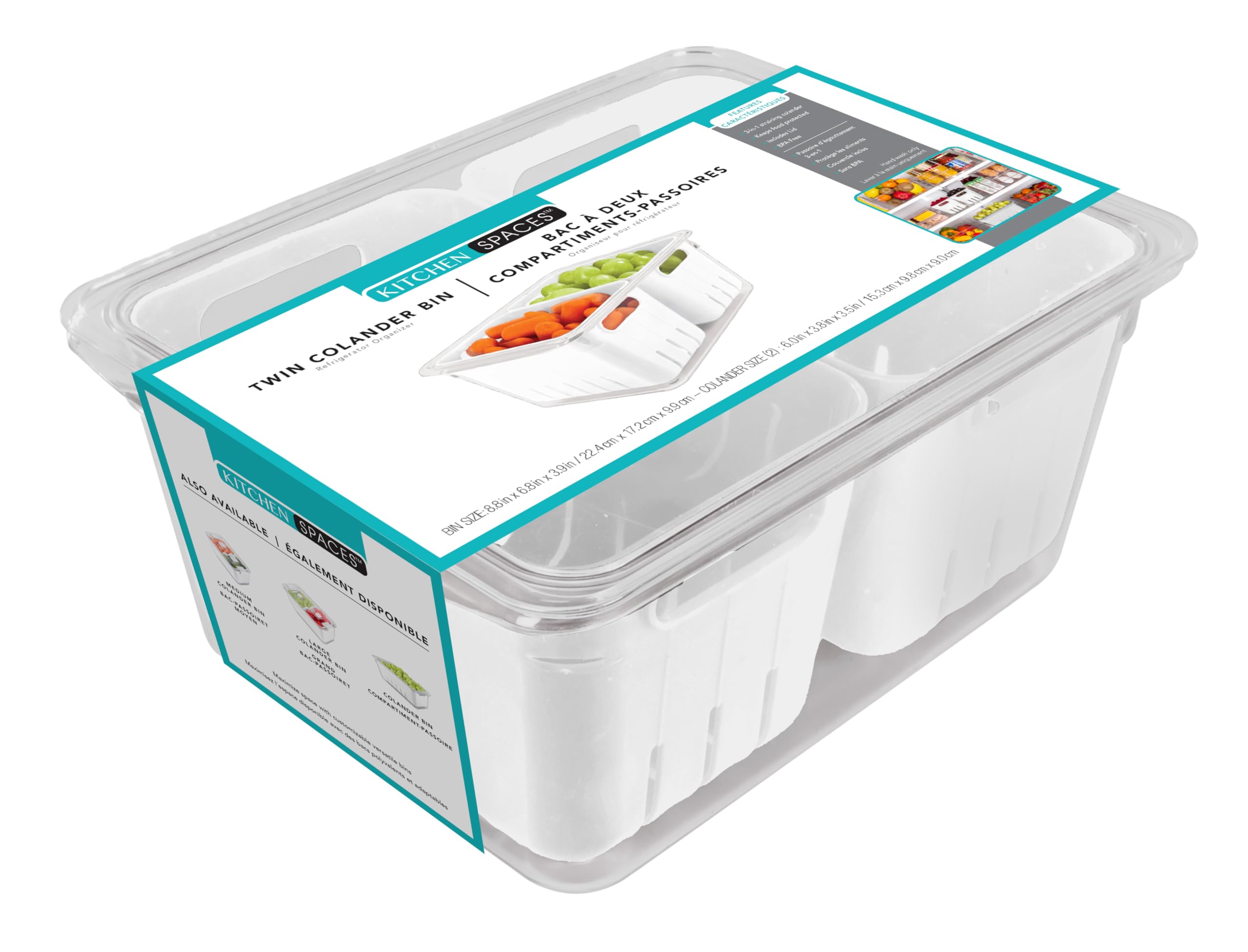 Kitchen Spaces Twin Colander Stackable Food Storage Organizer For Fridge, Freezer, And Pantry, 8.8'' X 6.8'' X 3.9'', Blue