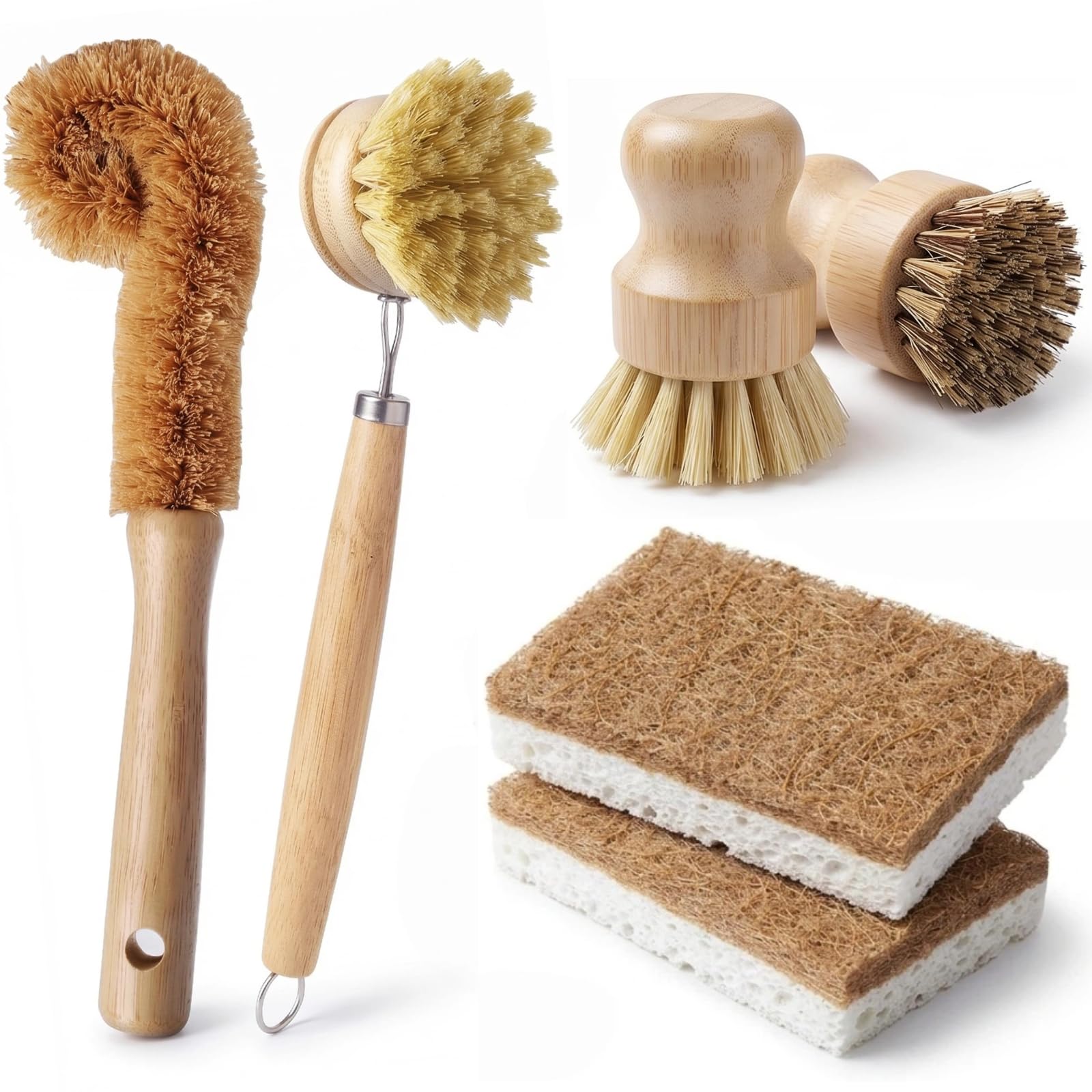 Natural Bamboo Dish Brush Set  6 PCS Kitchen Cleaning Brush Kit with 4 Utensil Brushes and 2 Coconut Fiber Dish Sponges, for Cl