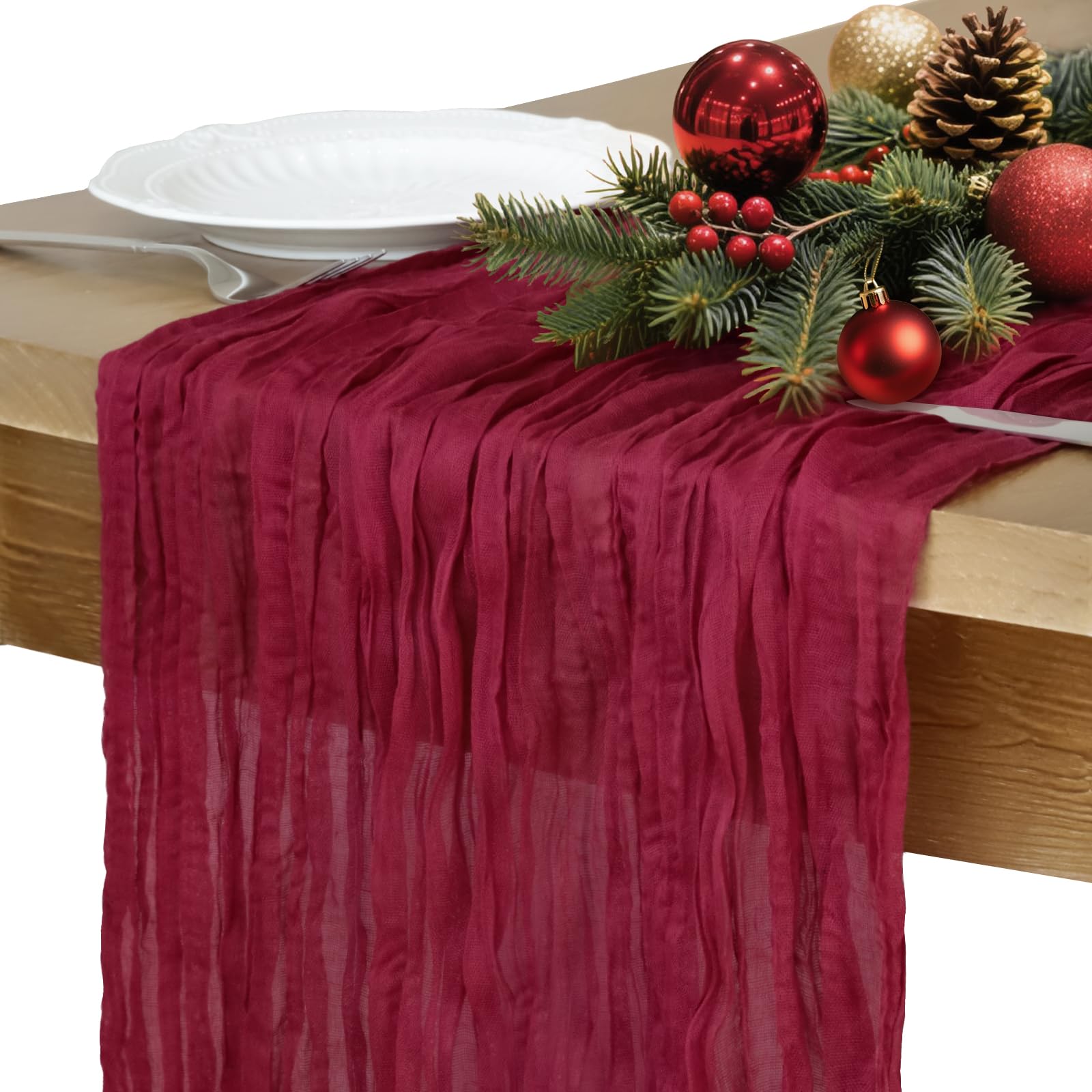 Christmas Table Runner, 10FT Burgundy Table Runner 35*120inch Boho Dark Red Table Runners for Burgundy Christmas Decorations Par