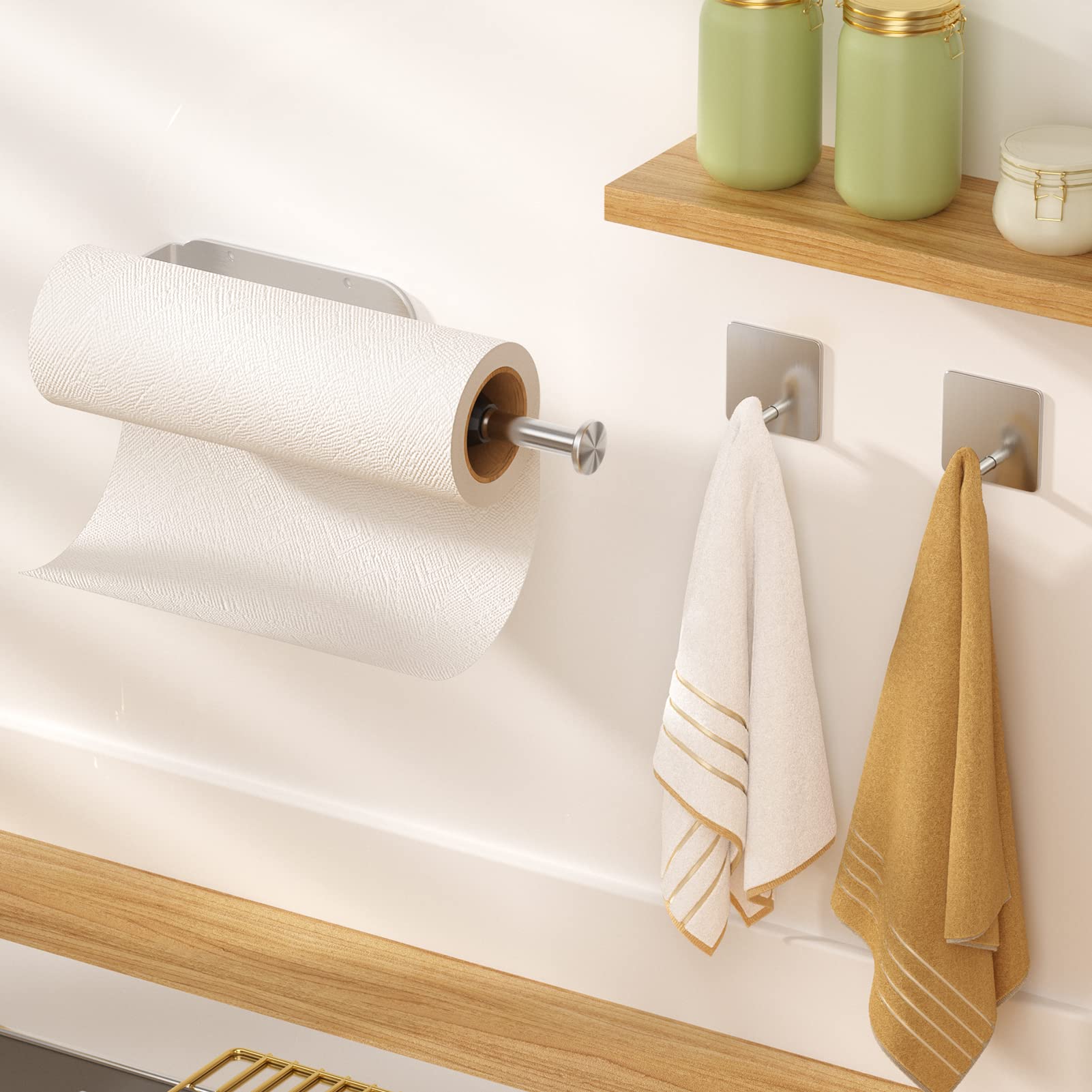 Paper Towel Holder Under Cabinet + Towel Robe Hooks, Single Hand Operable Under Cabinet Paper Towel Holder With Damping Effect A