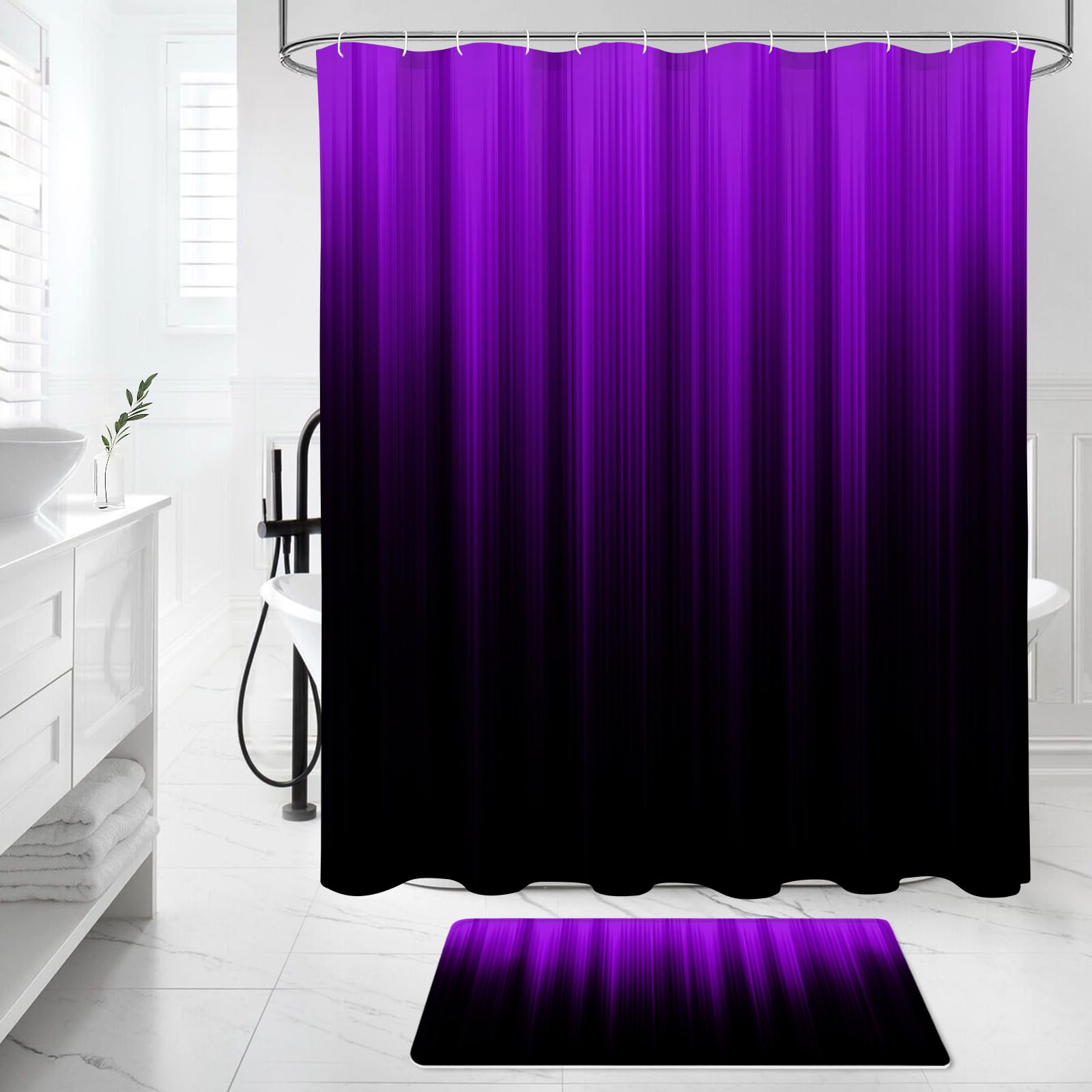 Litabel 4 Pcs Purple And Black Gradient Shower Curtain Set With Rugs And Toilet Lid Cover, Modern Simple Waterproof Fabric Bathr
