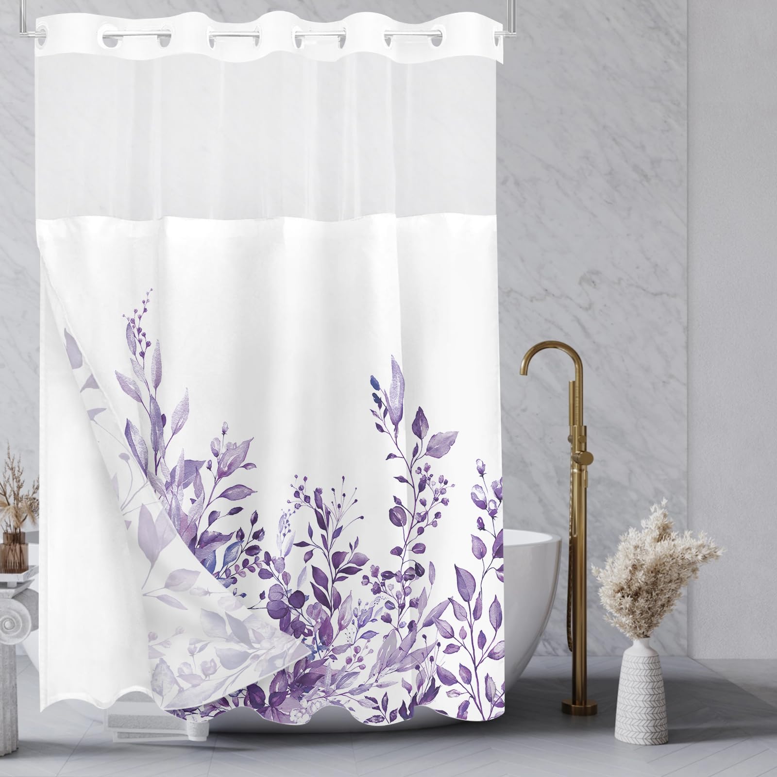 Tititex No Hooks Snap In Liner Purple Eucalyptus Leaves Shower Curtain Sets, Hotel Luxury Double Layers Waterproof Fabric & See-