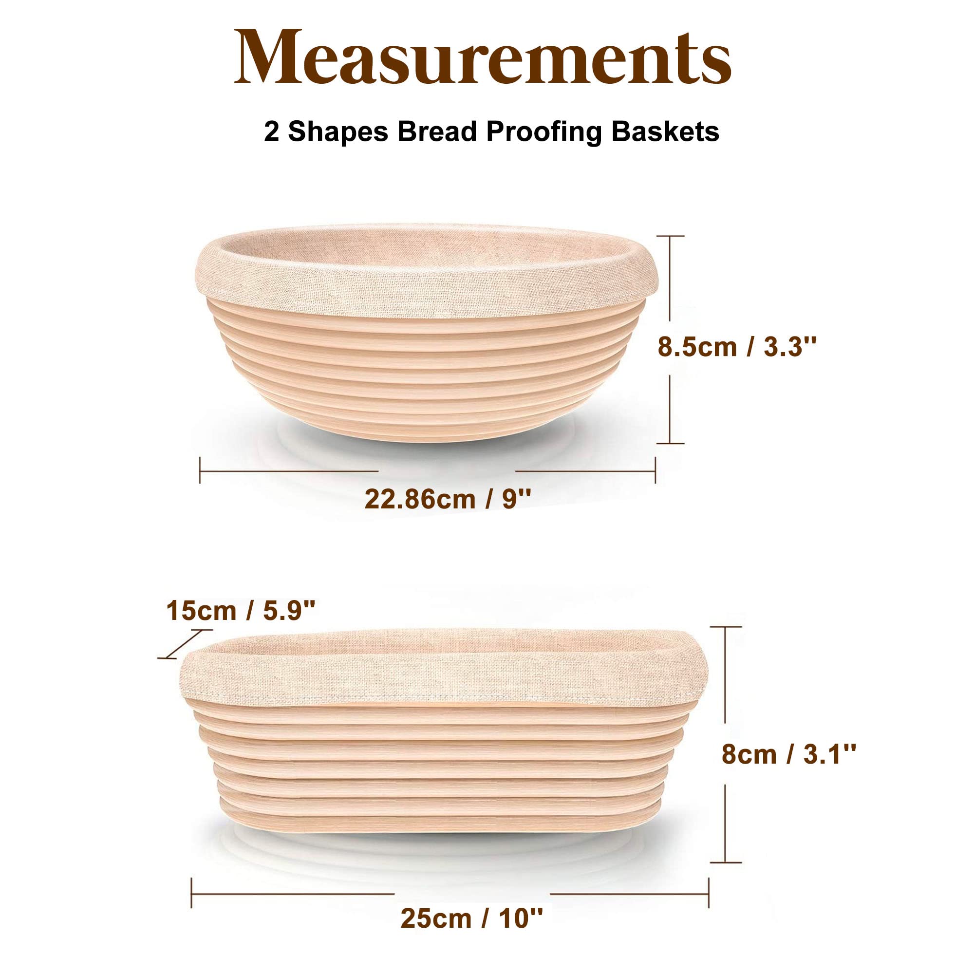 Pitch Pulse Bread Proofing Basket Set, 9 Inch Round + 10 Inch Oval Banneton Bowl, Sourdough Bread Making Tools Kit With Dough Wh