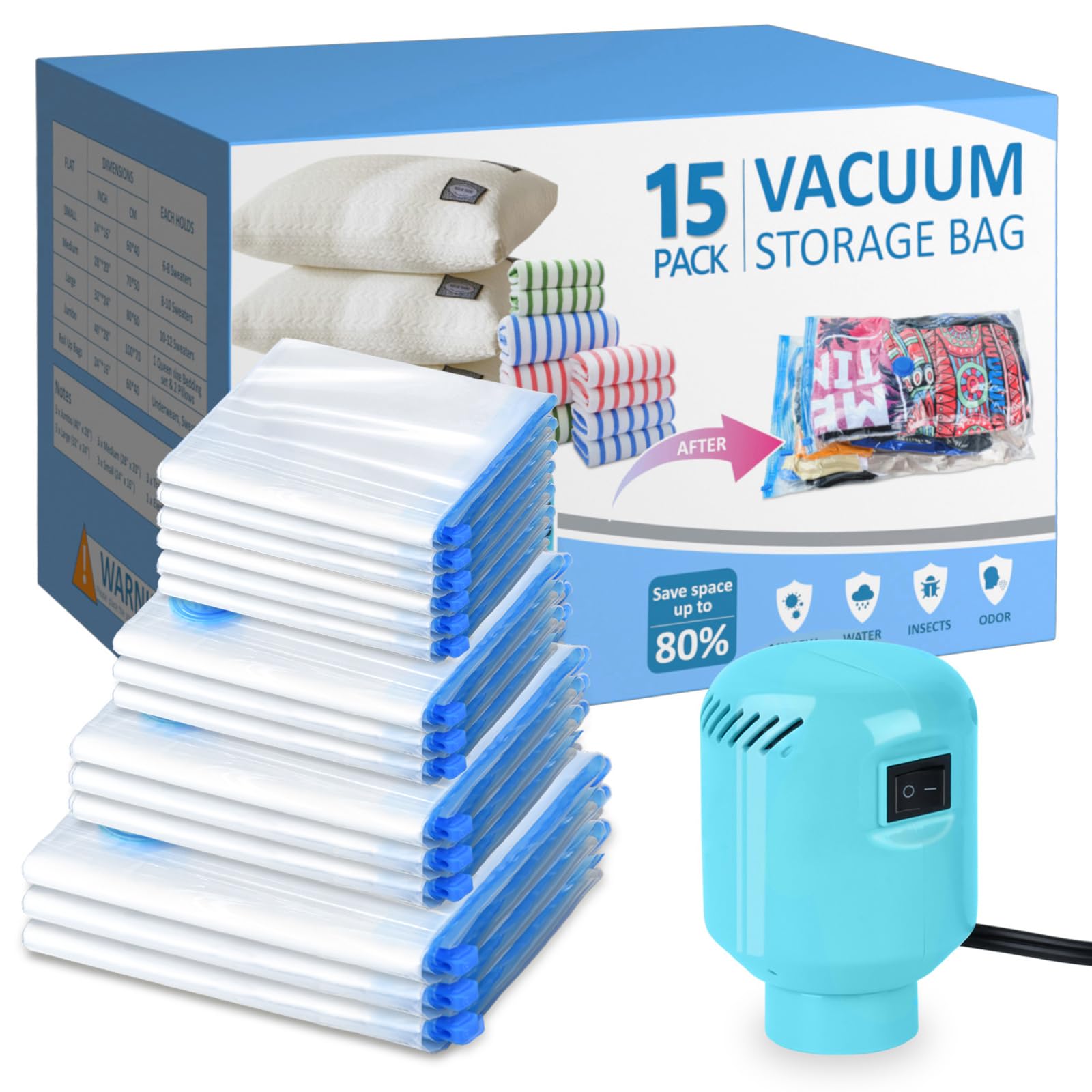 Bamcoo Vacuum Seal Bags For Clothing With Electric Pump, 15 Pack (3 Jumbo 3 Large 3 Medium 3 Small 3 Roll Up Vacuum Bags) Space