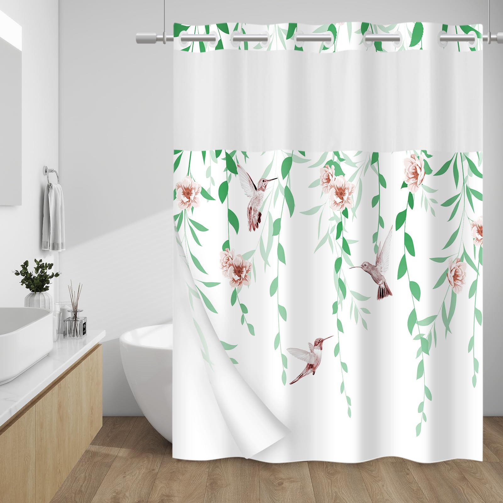 Withloc No Hook Shower Curtain With Snap In Liner - Fabric Waterproof Inner Liner, Plants Green Floral Pink Nature Birds Cloth S