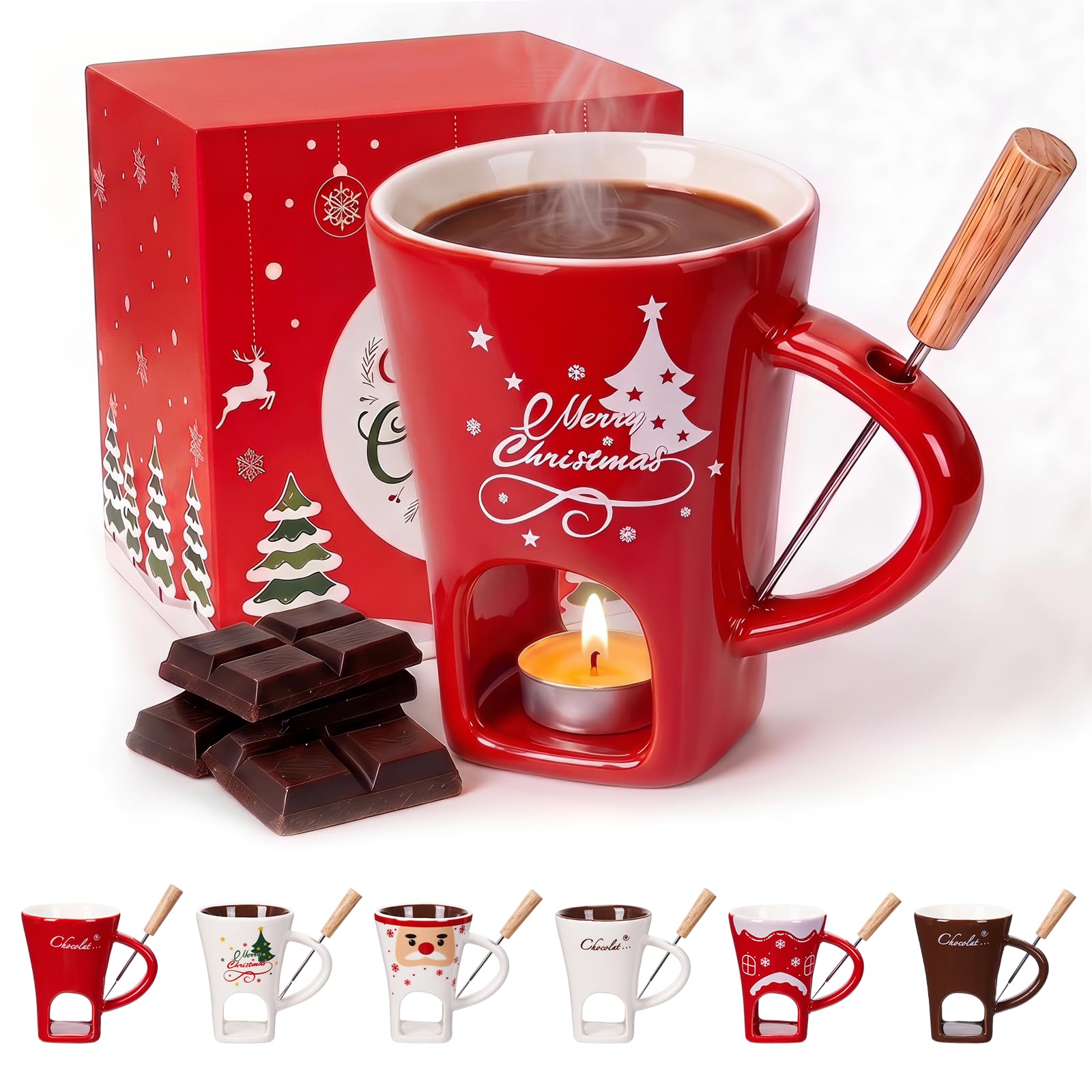 Chocolate Melting Cup with Forks, 130ml Ceramic Fondue Mug for Cheese & Chocolate Dipping, Perfect Fondue Pot Set for Birthday D