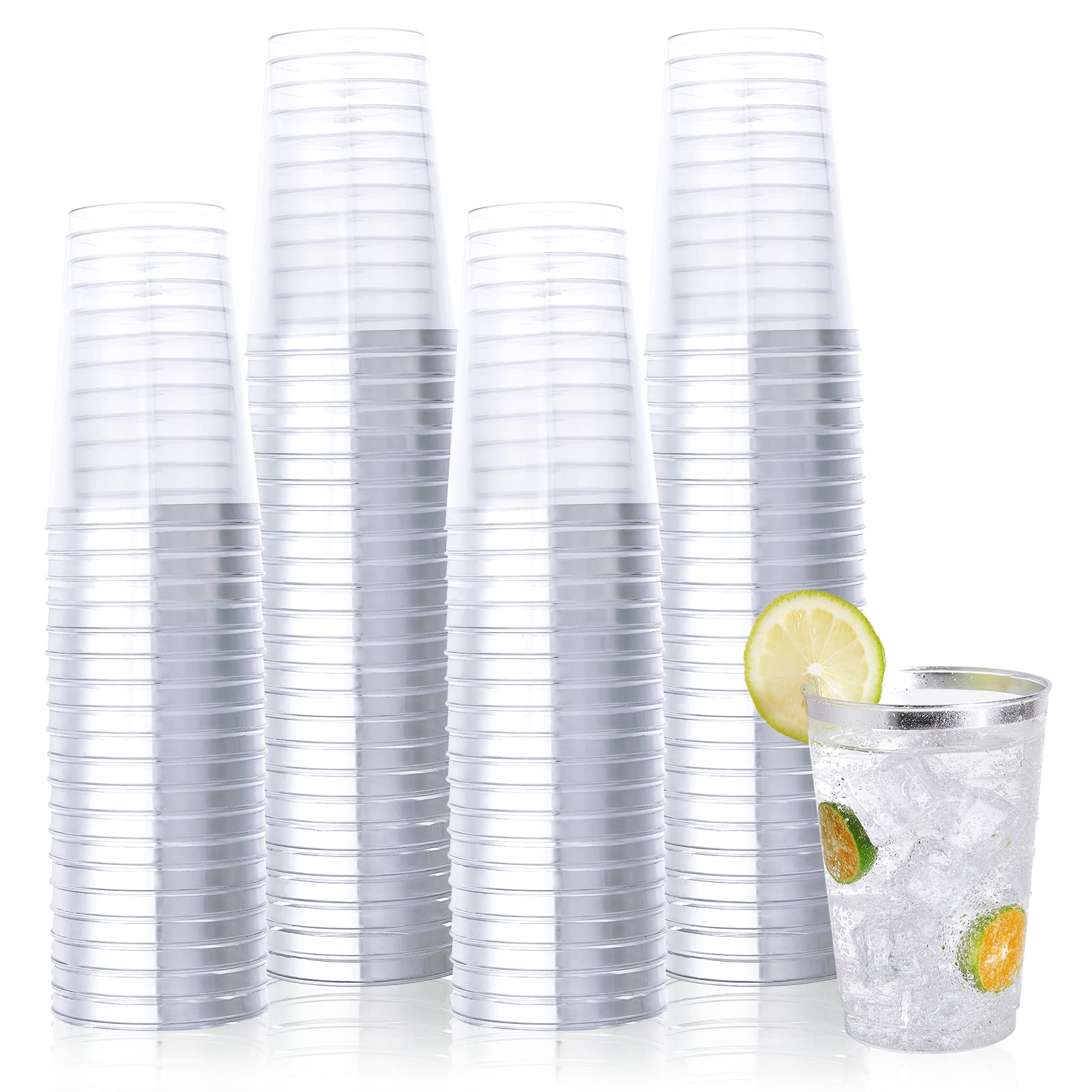 Vplus 150 Pack 12 Oz Silver Rimmed Plastic Cups, Reusable Clear Plastic Cups, Disposable Heavy Duty Plastic Cups Perfect For Wed