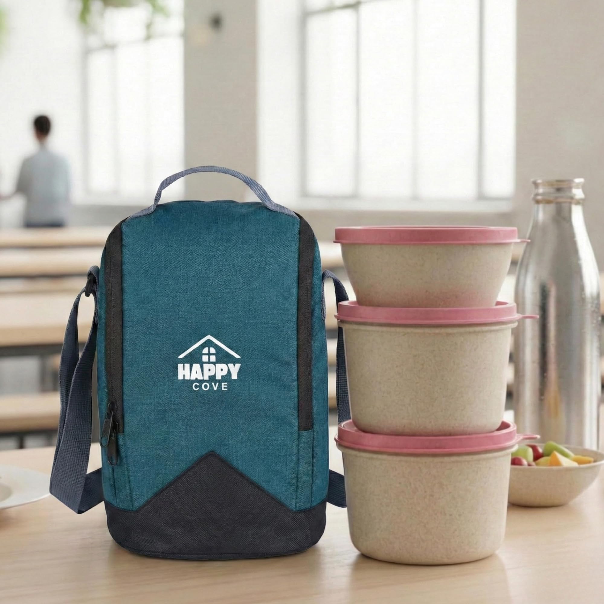 Happy Cove Eco Friendly Lunch Box For Office Use, Made Of Wheat Straw And Rice Husk, 3 Microwave Safe Pink Containers, Tiffin Bo