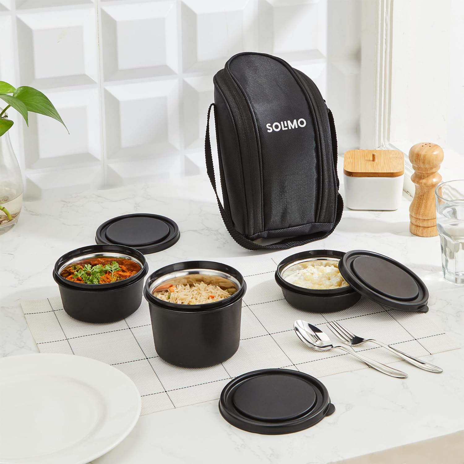 Amazon Brand - Solimo Lunch Box Set With Bag (Office, School & Travel) | 3 Steel Inner Containers (250 Ml, 400 Ml, And 550 Ml) W
