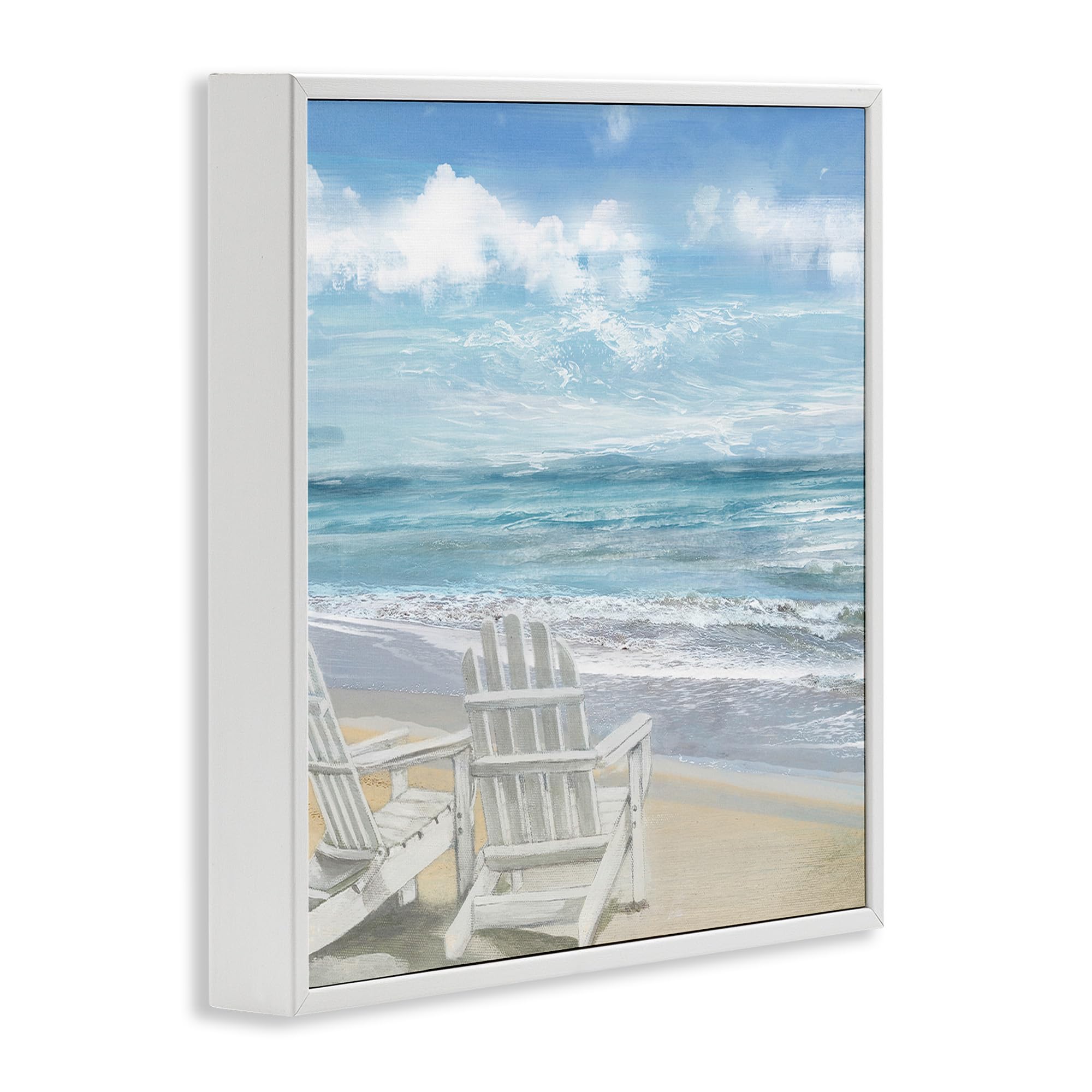 Stupell Industries Adirondack Chairs On The Beach Painting, Design By Main Line Studio White Framed Wall Art, 12X12, Blue