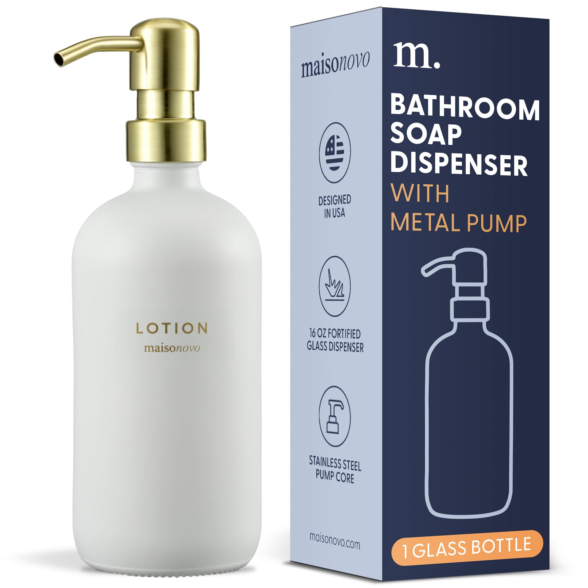 Maisonovo Hand Soap Dispenser For Bathroom | 16.9 Fl Oz White Glass Gold Pump X 1