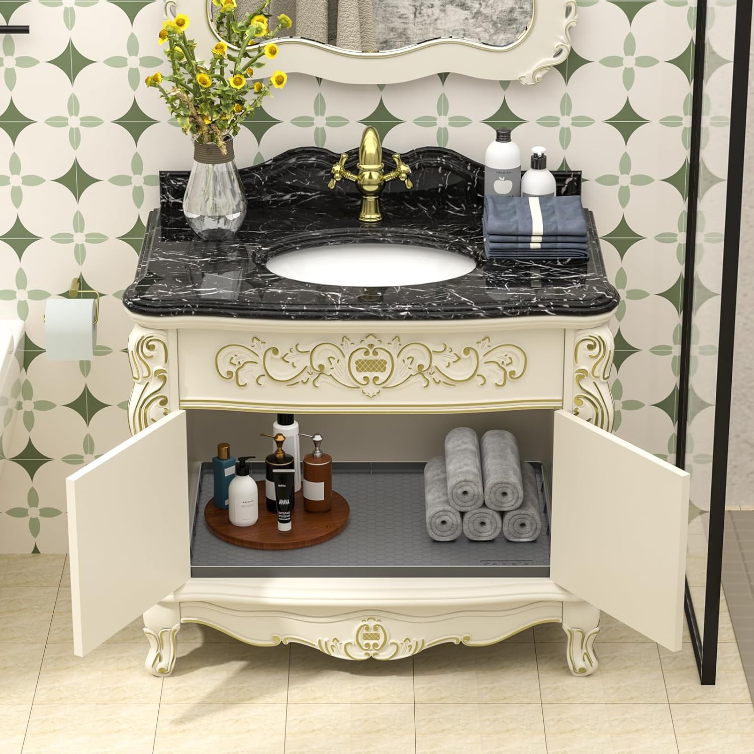 Sdpeia Under Sink Mat For [34'' X 22''] Cabinet, Silicone Waterproof Mat, Kitchen Cabinet Liner Holds Over 2.2 Gallons, Cabinet