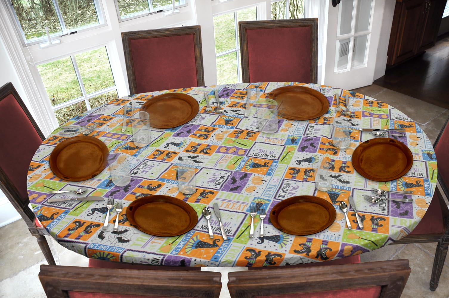Covers For The Home Deluxe Elastic Edged Flannel Backed Vinyl Fitted Table Cover - Halloween Witchy Patchwork - Oblong/Oval - Fi