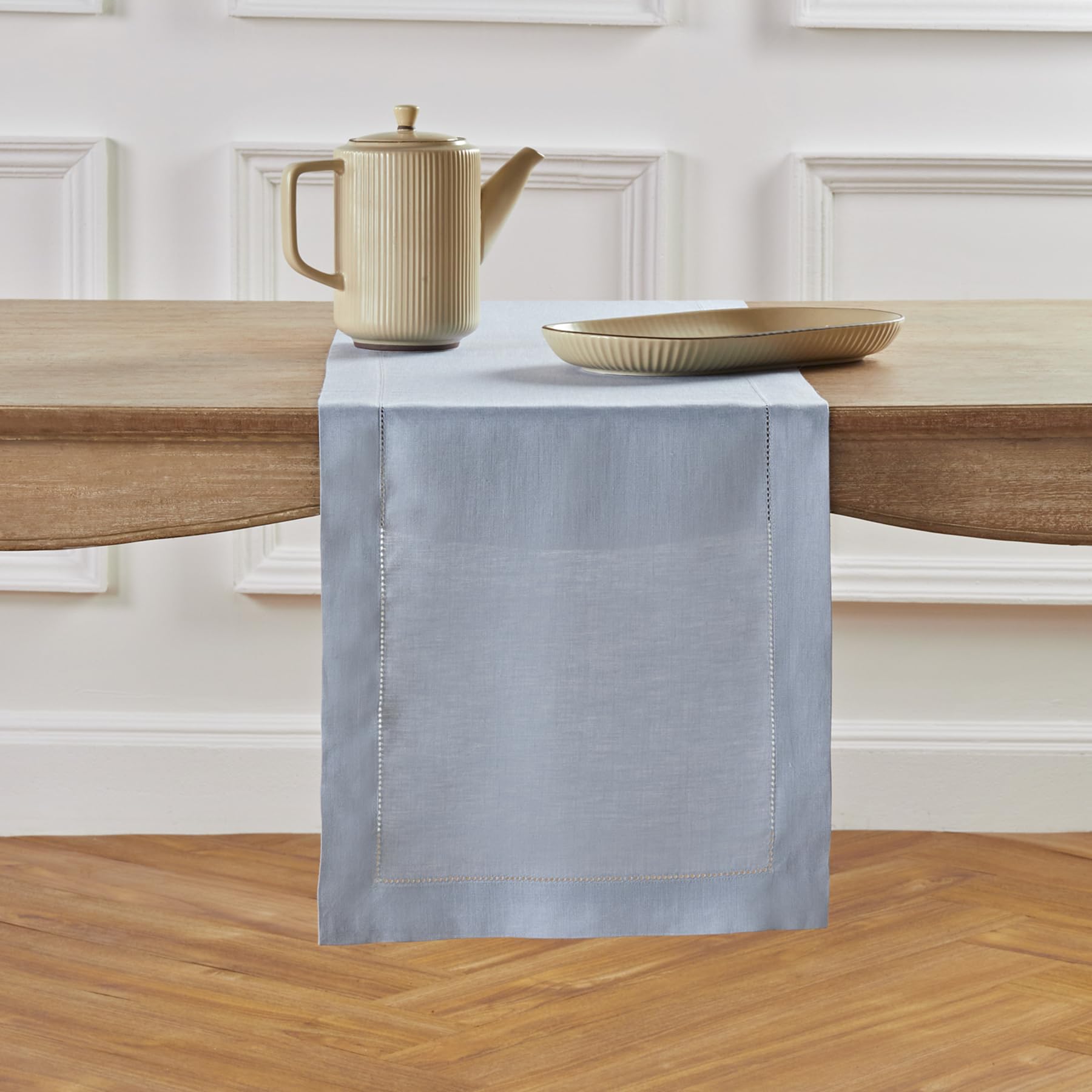 Solino Home Linen Dusty Blue Table Runner 60 Inch - 100% Pure Linen Classic Hemstitch Short Table Runner 14 X 60 Inch Ideal For