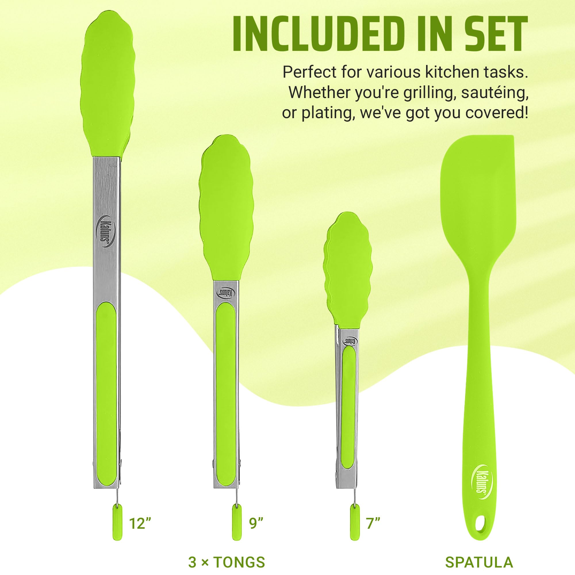 Kaluns Kitchen Tongs For Cooking Grilling Set Of 4, Bbq Grill Tongs With Silicone Tip Stainless Steel Heat Resistant, Non-Stick
