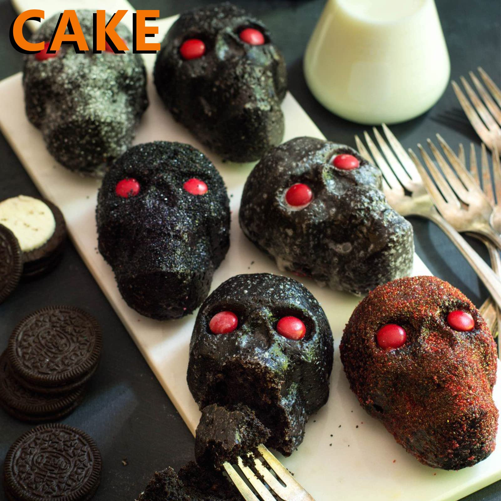 Sakolla Large Skull Cake Pan Silicone Molds, 2 Pack 6 Cavity Halloween Skull Cakeletchocolate Molds Candy Pizza Baking Molds Han