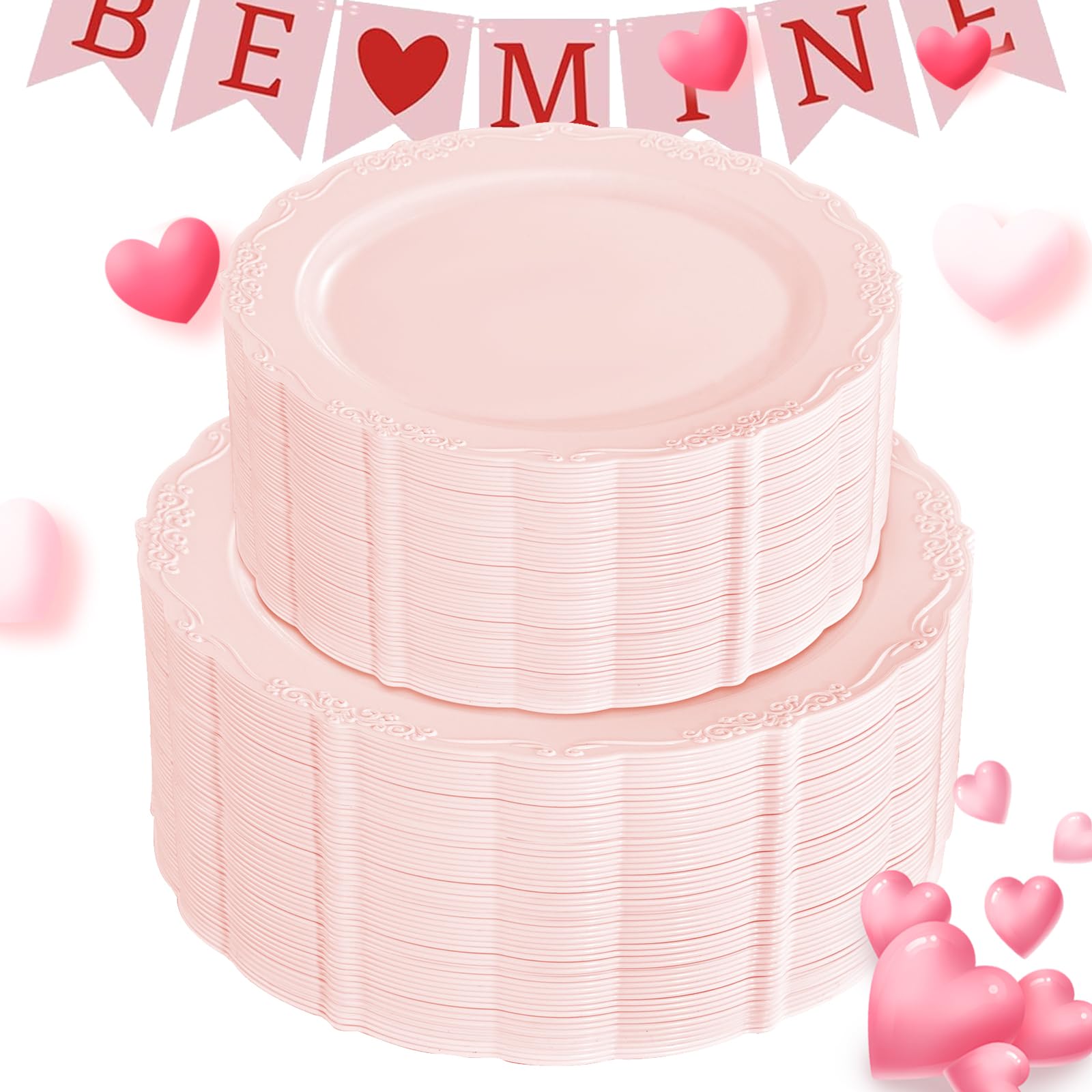 U-Qe 100Pcs Mauve Pink Plastic Plates For Party - Plastic Party Plates Disposable Heavy Duty - Pink Valentines Plates For Valent