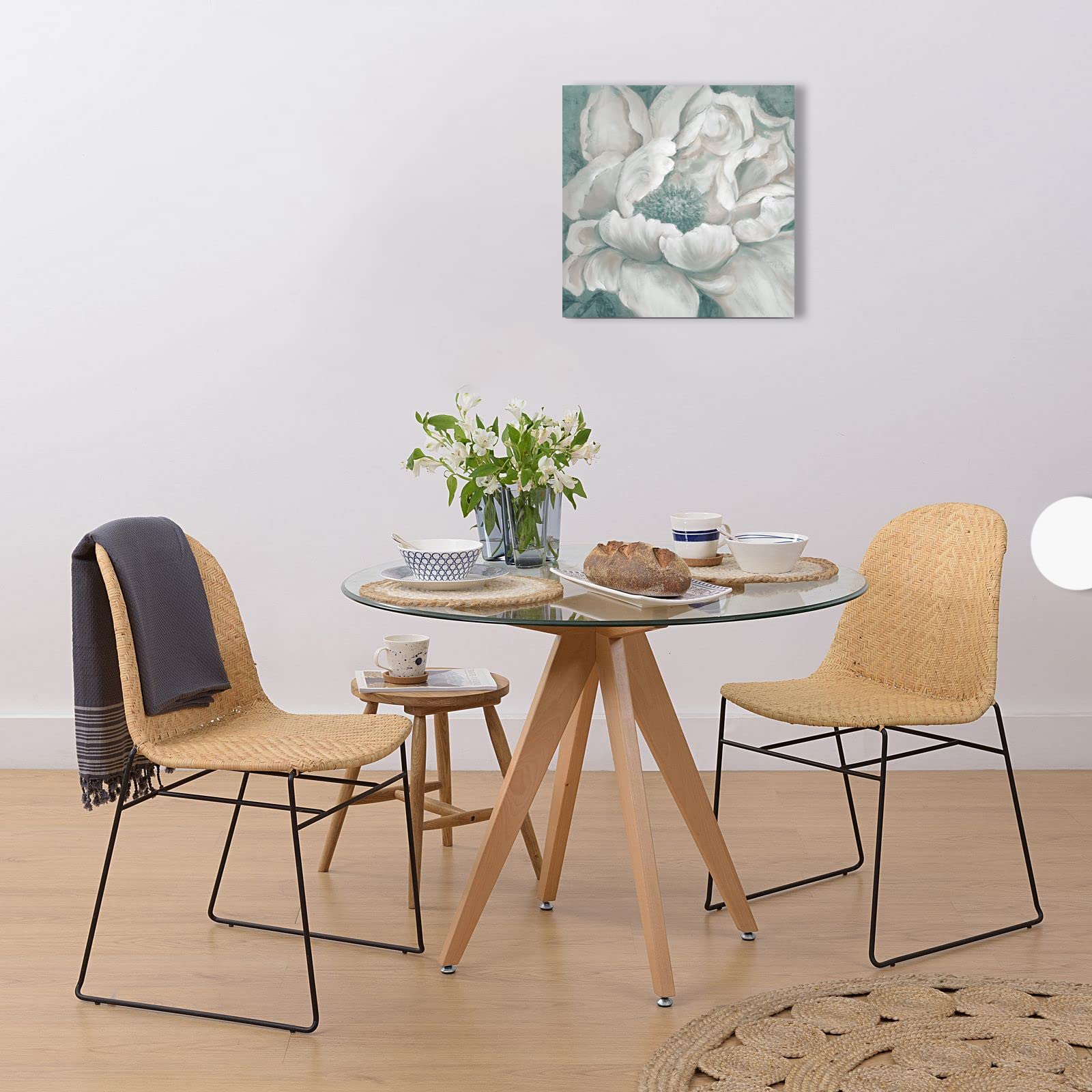 Bathroom Flower Picture Wall Art Blossom Teal White Floral Framed Painting Canvas Print With Hand Painted For Home Bedroom Decor