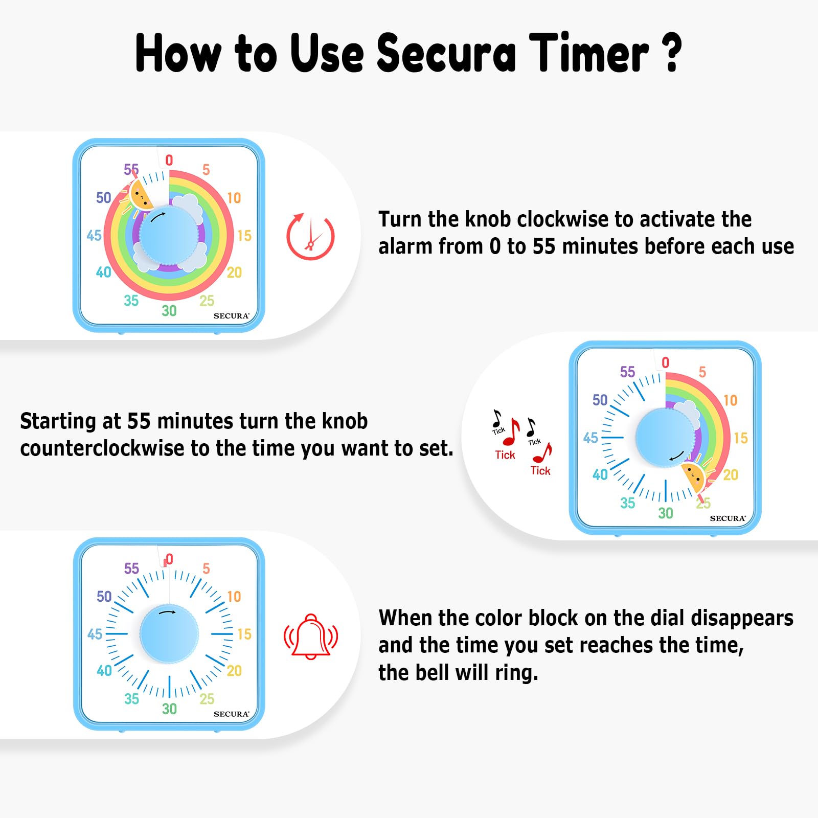 Secura 60-Minute Visual Timer, 7.5 Inch Magnetic Rainbow Countdown Timer For Classroom Or Kitchen, Durable Mechanical Timer Cloc