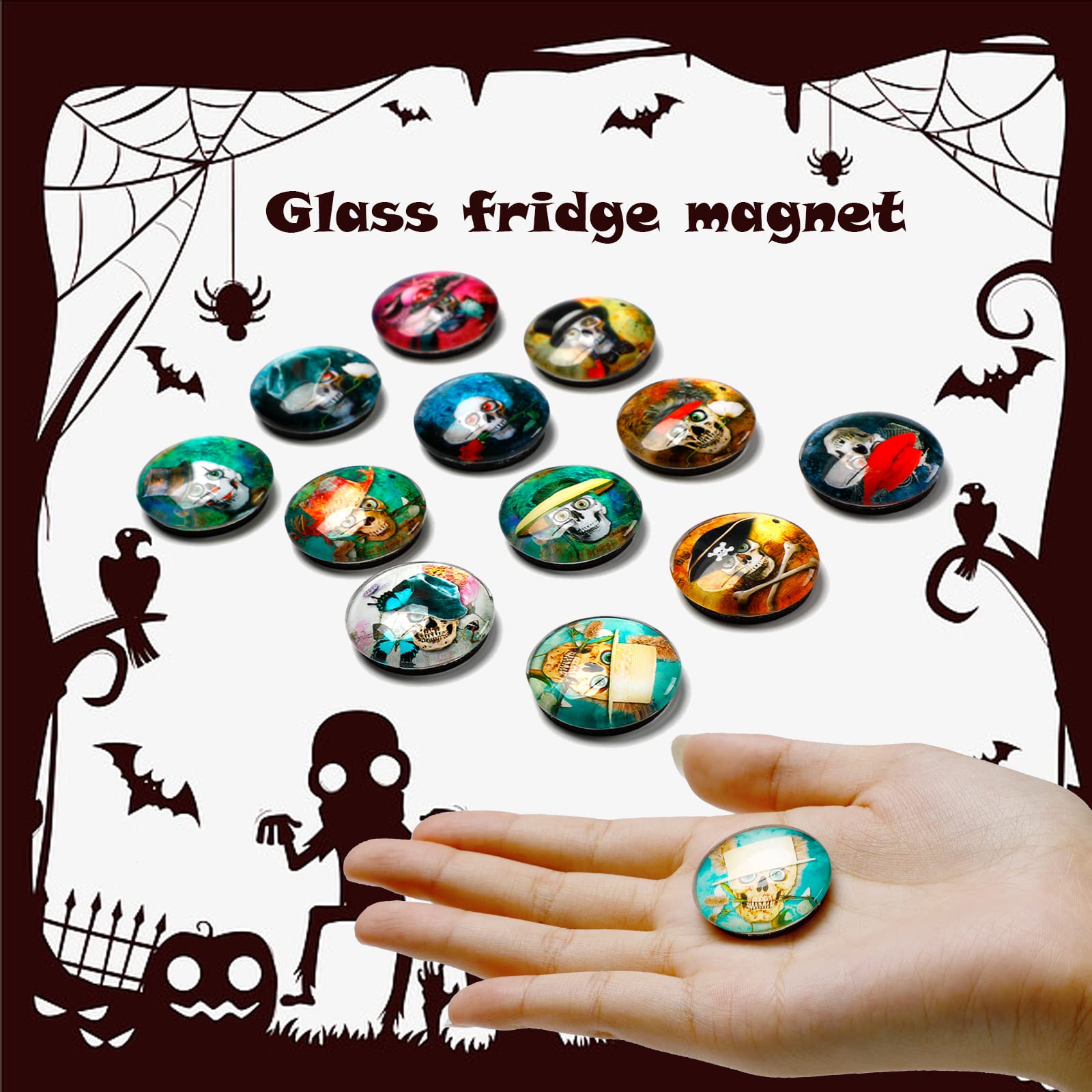 12Pcs Halloween Skull Refrigerator Magnet Stickers Decor, Day Of The Dead Skull Decoration Small Glass Magnetic For Fridge Cabin